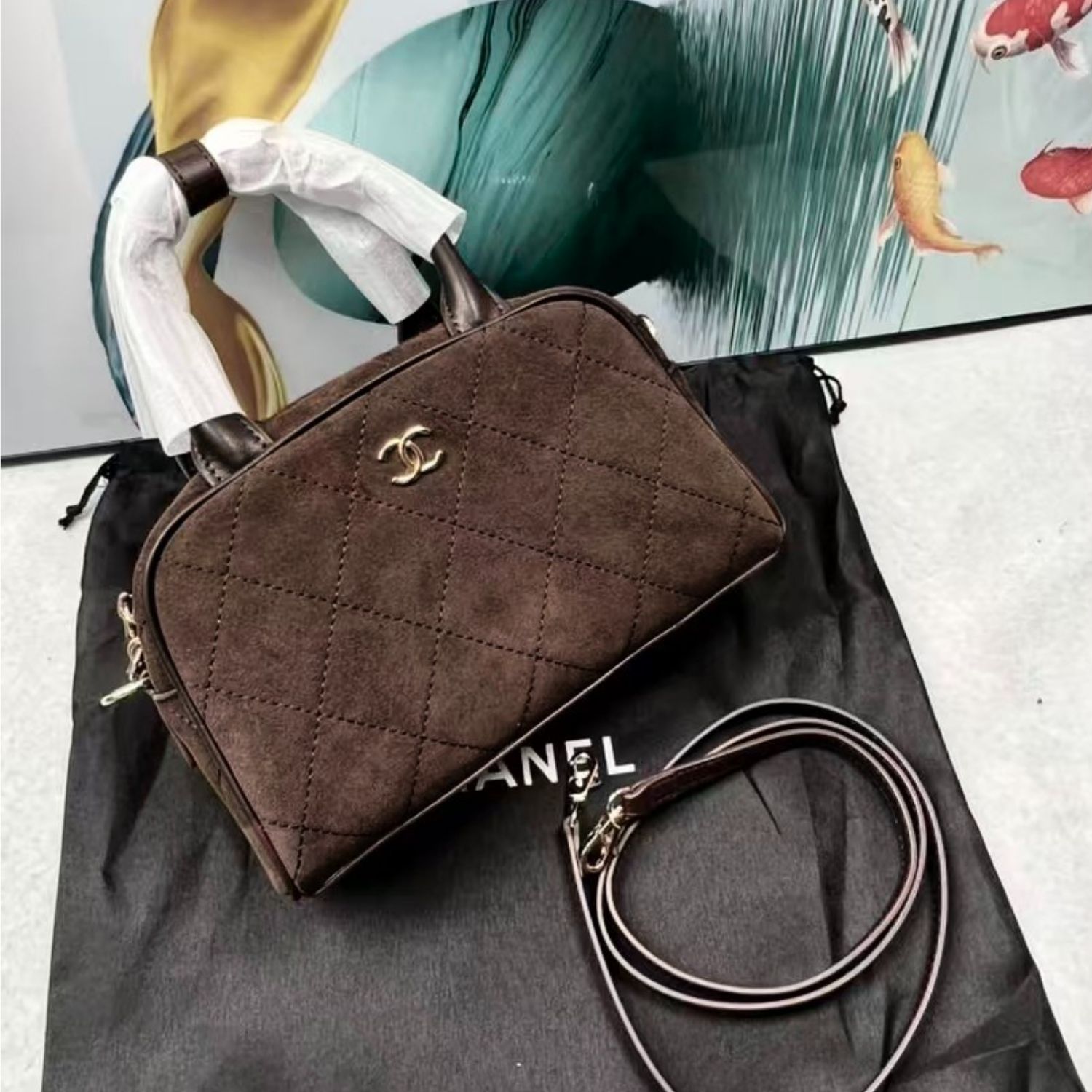 Chanel Clutch With Leather Strap Top Handle Bag 8.3in/ 21cm Dark Brown Suede Gold Hardware For Women AP5528-B24074-UA850
