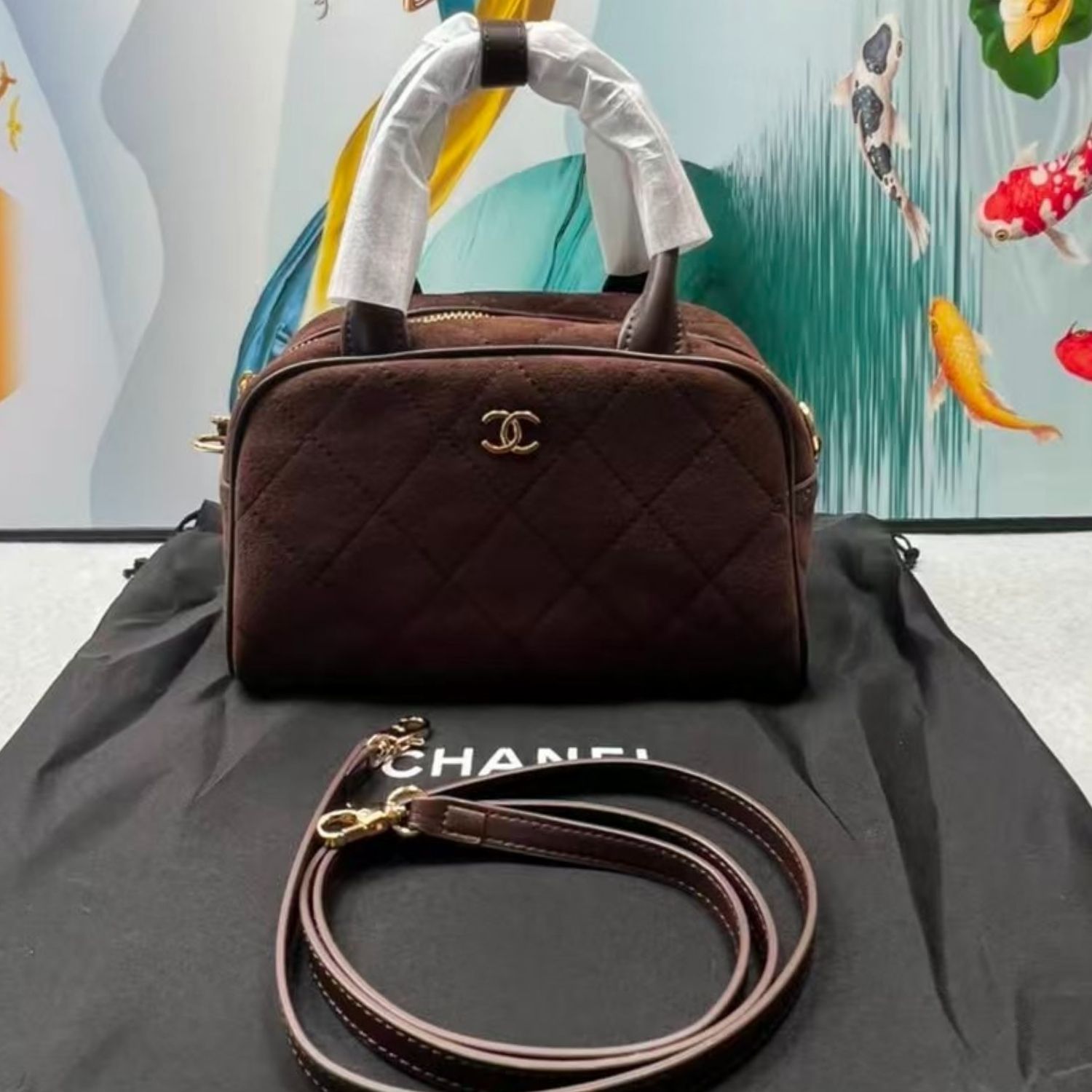 Chanel Clutch With Leather Strap Top Handle Bag 8.3in/ 21cm Dark Brown Suede Gold Hardware For Women AP5528-B24074-UA850