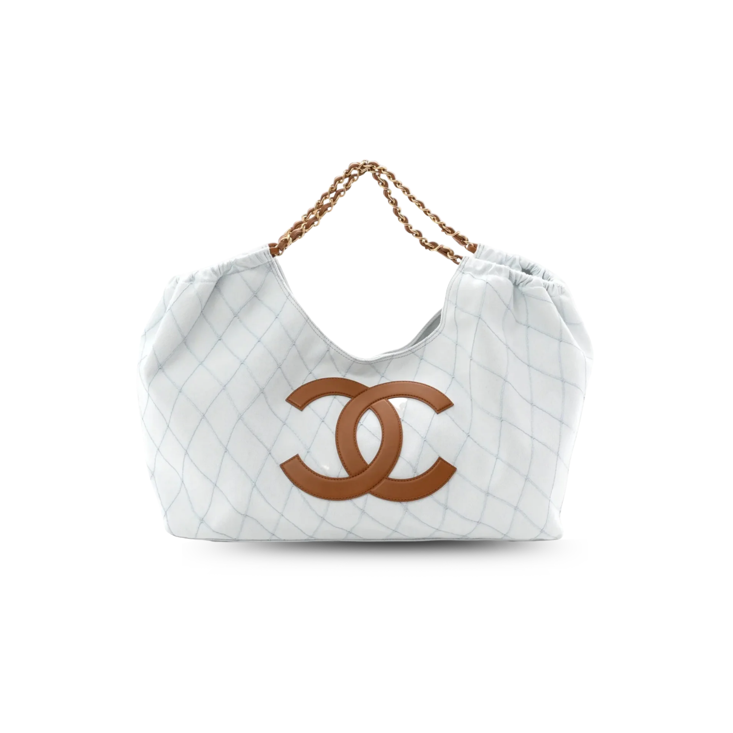 Chanel Coco Beach Small Shopping Tote Bag 16.9in/ 43cm White/ Brown Denim Gold Hardware For Women