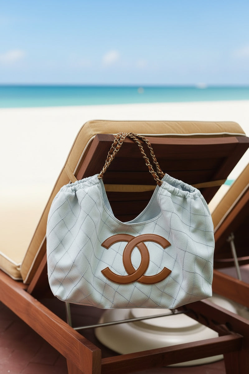 Chanel Coco Beach Small Shopping Tote Bag 16.9in/ 43cm White/ Brown Denim Gold Hardware For Women