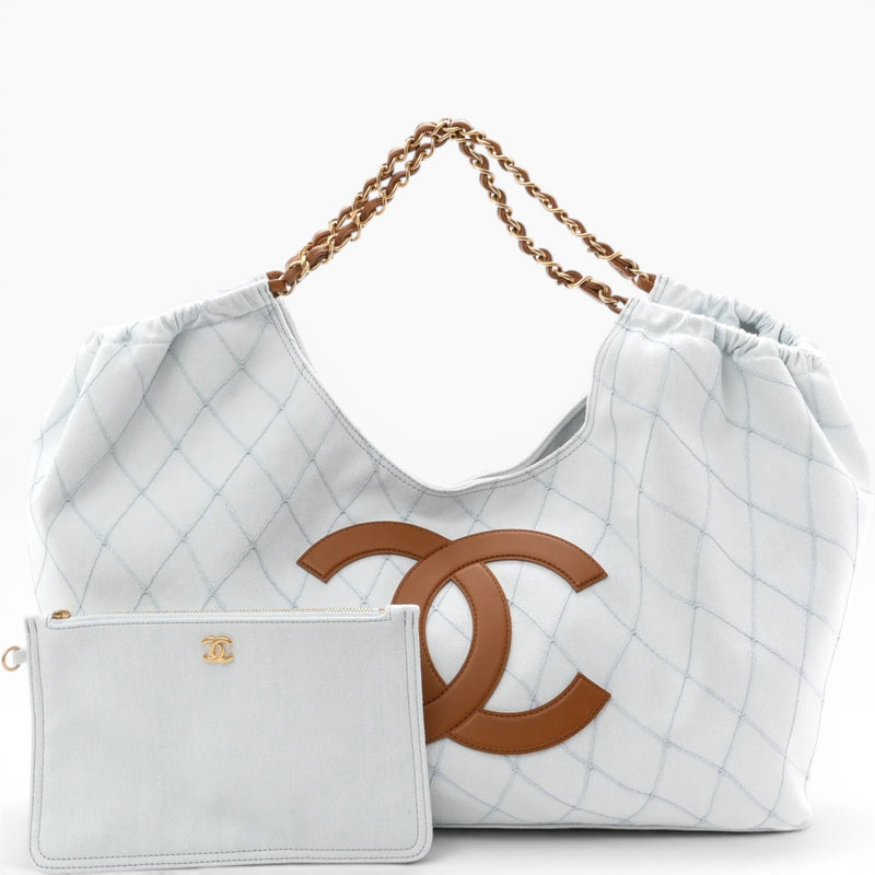 Chanel Coco Beach Small Shopping Tote Bag 16.9in/ 43cm White/ Brown Denim Gold Hardware For Women