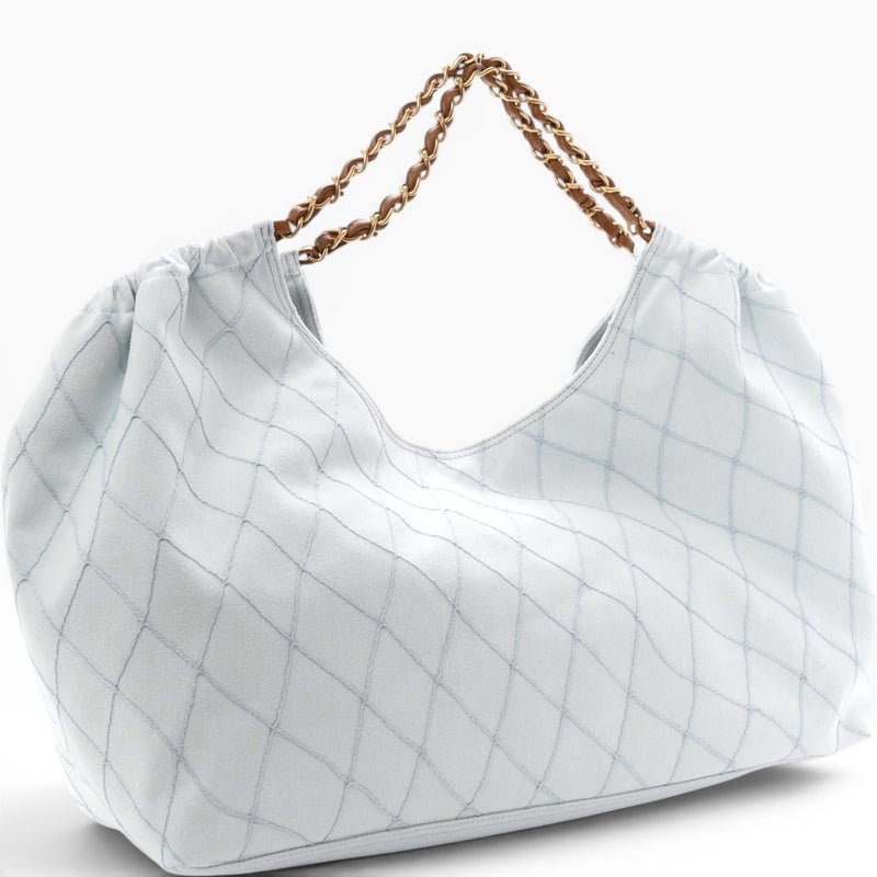 Chanel Coco Beach Small Shopping Tote Bag 16.9in/ 43cm White/ Brown Denim Gold Hardware For Women