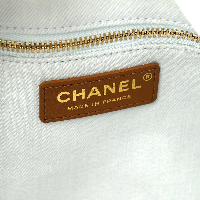 Chanel Coco Beach Small Shopping Tote Bag 16.9in/ 43cm White/ Brown Denim Gold Hardware For Women