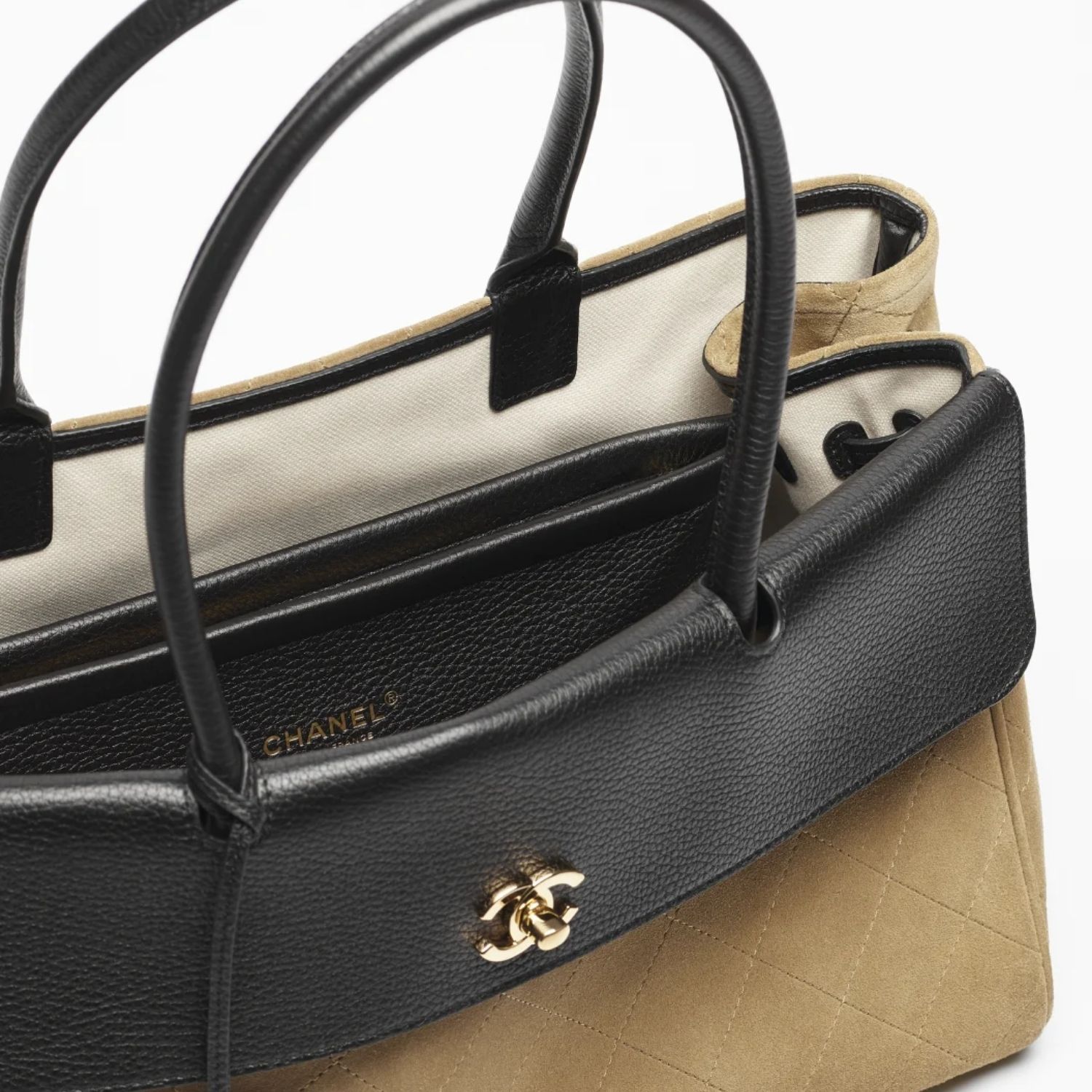 Chanel Shopping Tote Bag 15in/ 38cm Dark Beige/ Black Suede Gold Hardware For Women AS6428-B25073-UB321