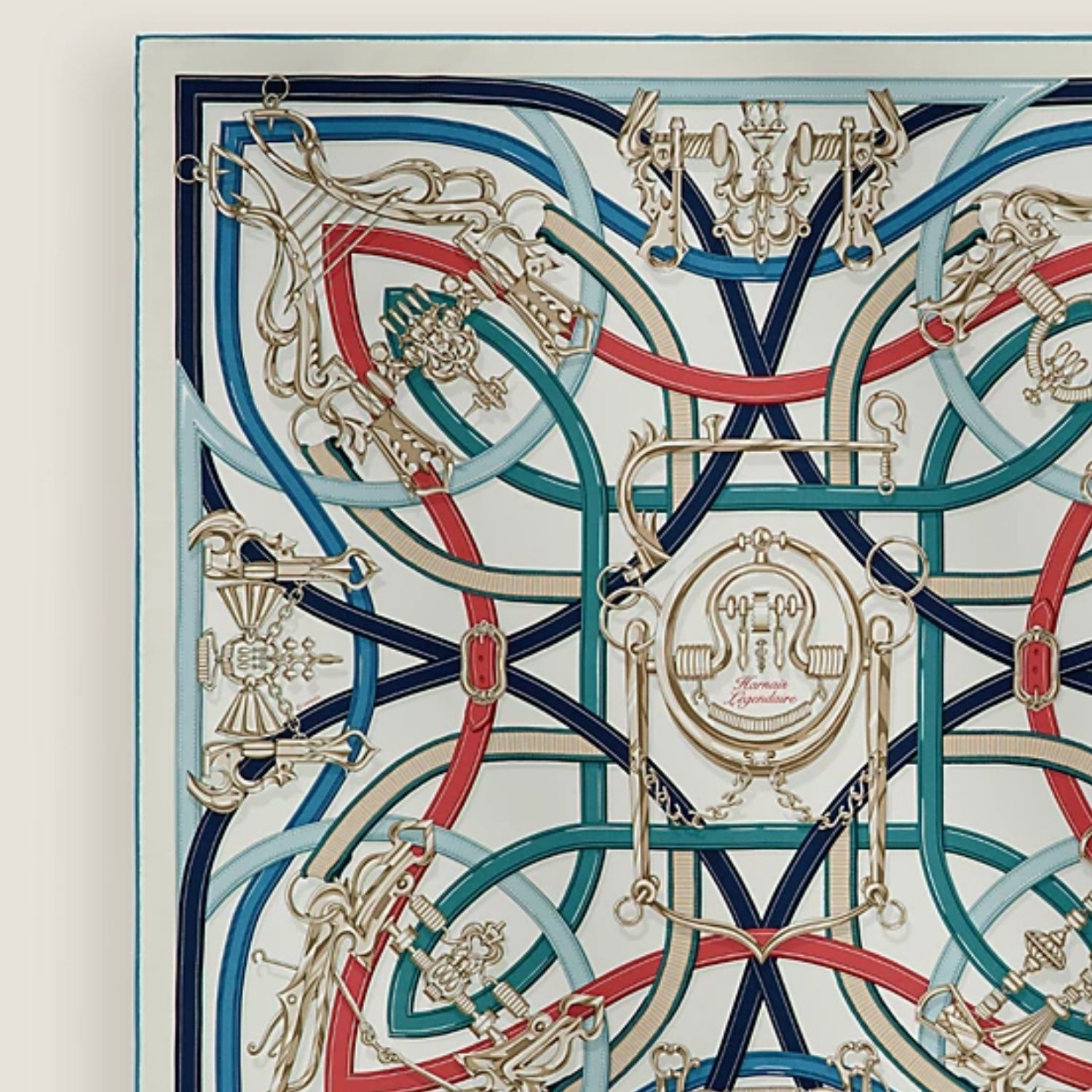 Hermes Harnais Legendaire Scarf 90 Blanc /Bleu Jean /Bois De Rose For Women H004299S 02