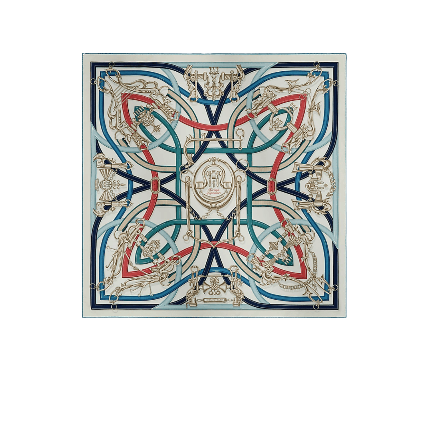 Hermes Harnais Legendaire Scarf 90 Blanc /Bleu Jean /Bois De Rose For Women H004299S 02