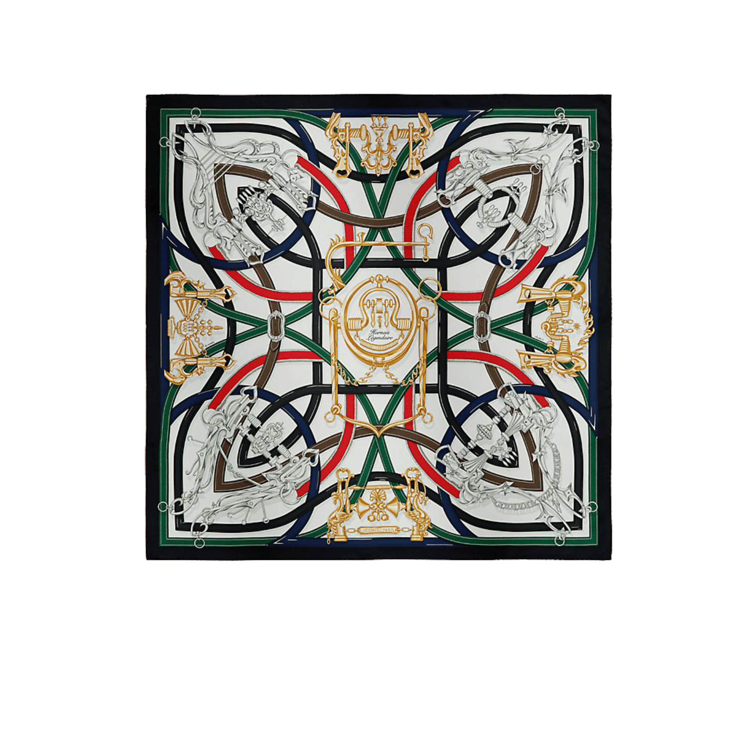 Hermes Harnais Legendaire Scarf 90 Blanc/ Vert Loden/ Rouge For Women H004299S 05