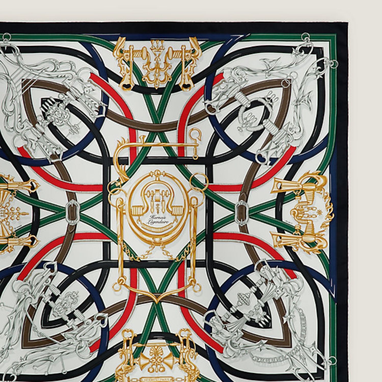Hermes Harnais Legendaire Scarf 90 Blanc/ Vert Loden/ Rouge For Women H004299S 05