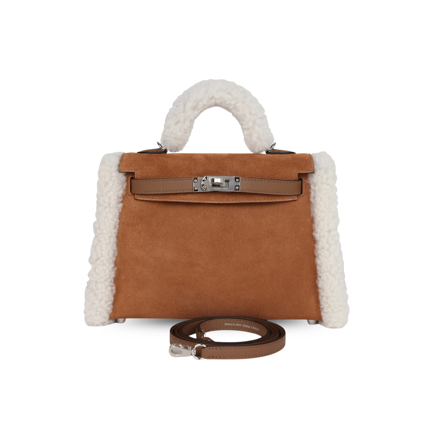 Hermes Kelly Teddy Top Handle Bag 8.6in/ 22cm Brown Suede Silver Hardware For Women