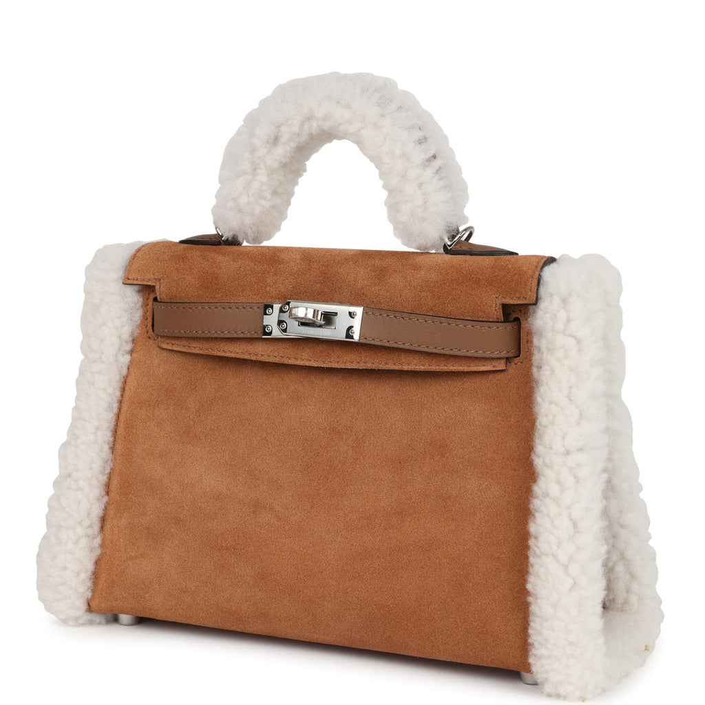 Hermes Kelly Teddy Top Handle Bag 8.6in/ 22cm Brown Suede Silver Hardware For Women