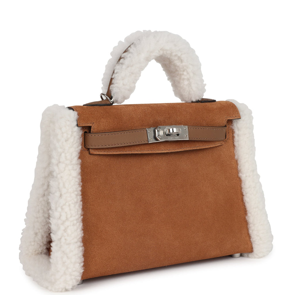 Hermes Kelly Teddy Top Handle Bag 8.6in/ 22cm Brown Suede Silver Hardware For Women