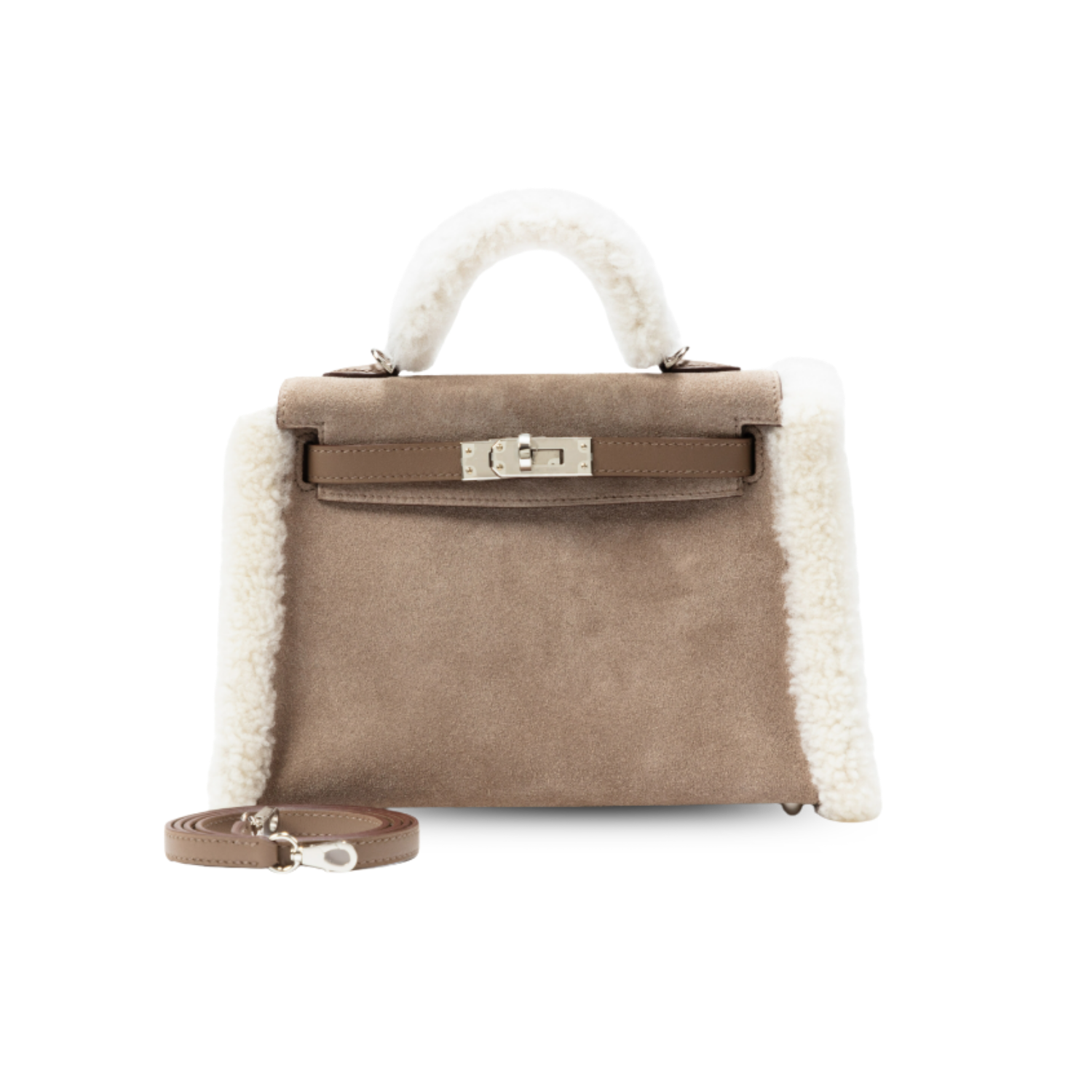 Hermes Kelly Teddy Top Handle Bag 8.6in/ 22cm Etoupe Suede Silver Hardware For Women