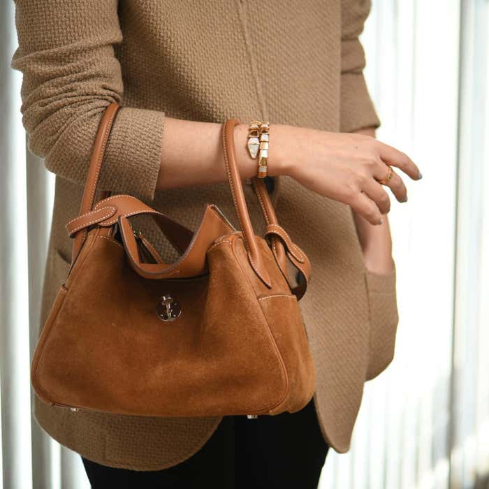 Hermes Lindy 26 Shoulder Bag 10.2in/ 26cm Brown Suede Silver Hardware For Women