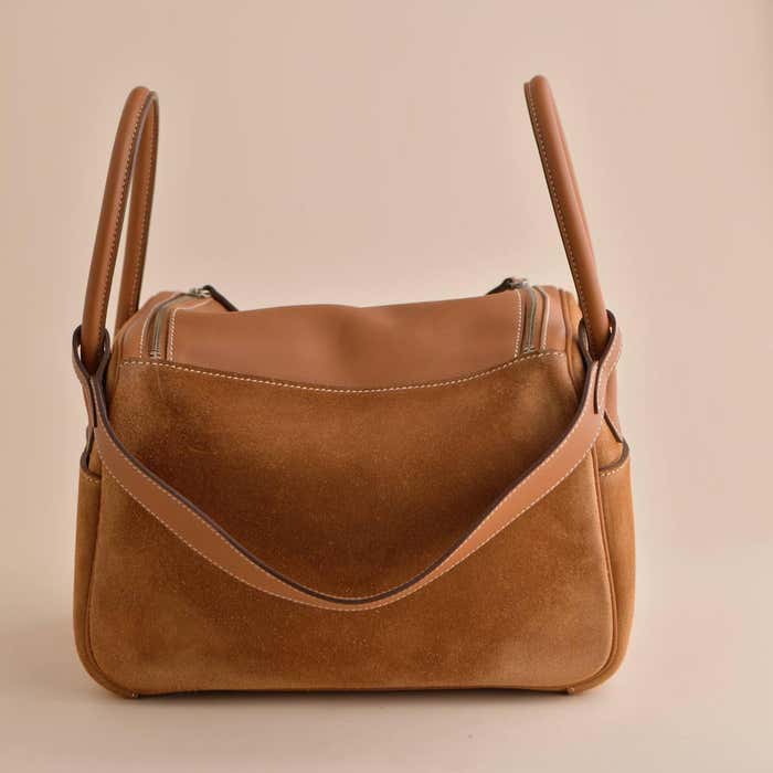 Hermes Lindy 26 Shoulder Bag 10.2in/ 26cm Brown Suede Silver Hardware For Women
