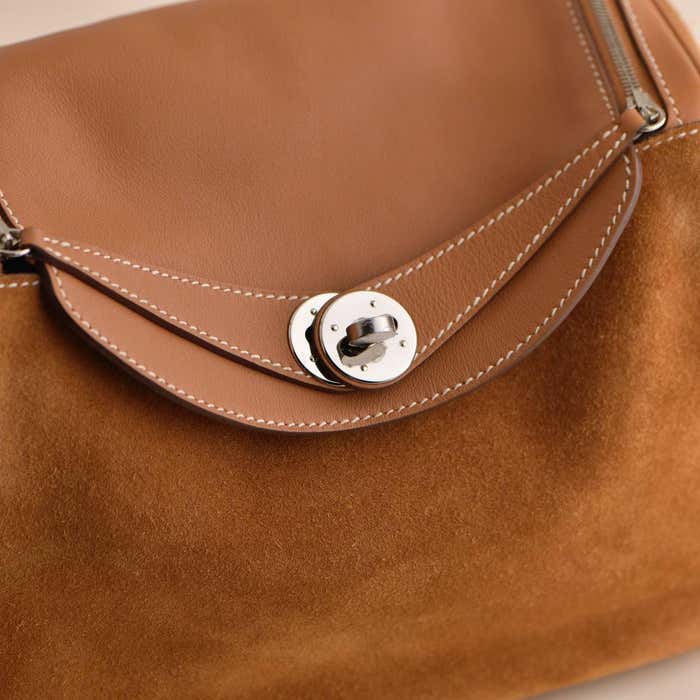 Hermes Lindy 26 Shoulder Bag 10.2in/ 26cm Brown Suede Silver Hardware For Women