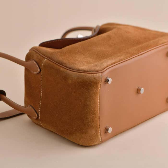 Hermes Lindy 26 Shoulder Bag 10.2in/ 26cm Brown Suede Silver Hardware For Women