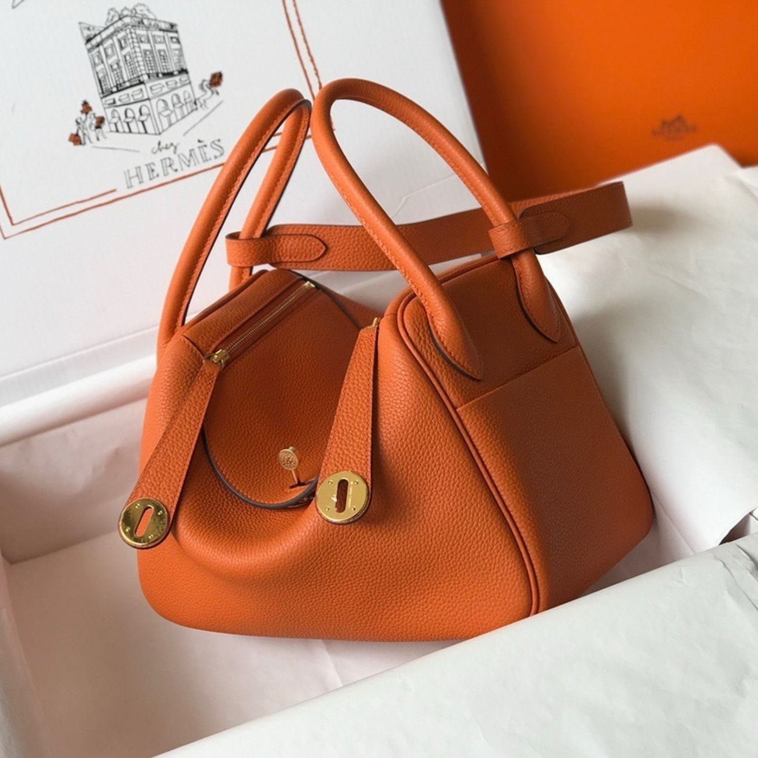 Hermes Lindy 26 Shoulder Bag 10.2in/ 26cm Orange Gold Hardware For Women