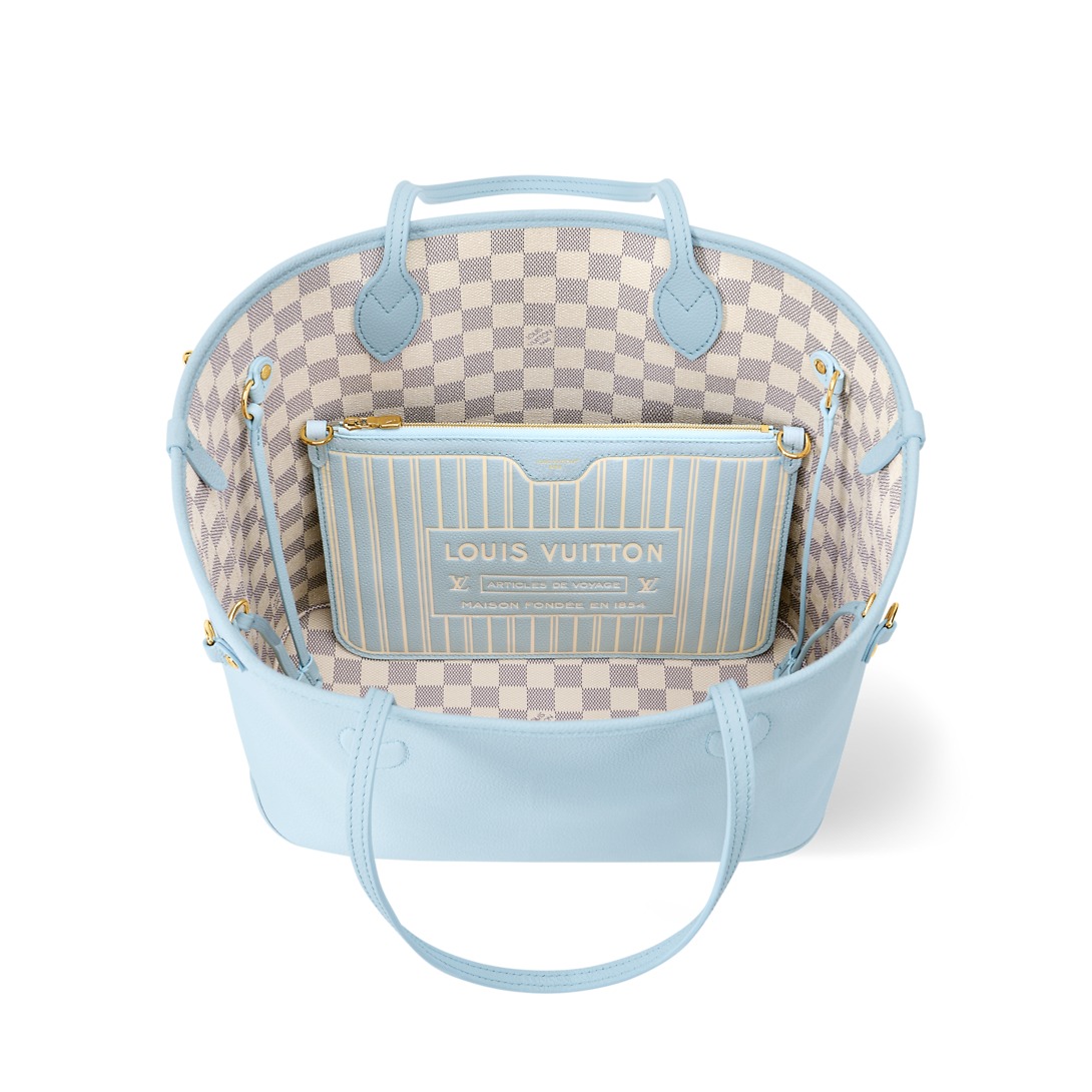 Louis Vuitton Neverfull Inside Out MM Tote Bag 18.5in/ 47cm Damier Azur Gold Hardware For Women N40946