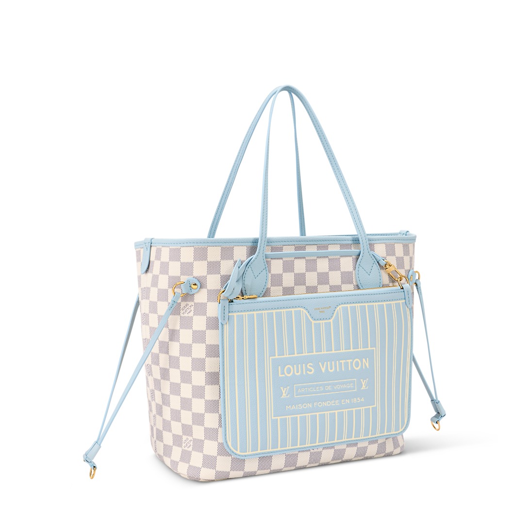 Louis Vuitton Neverfull Inside Out MM Tote Bag 18.5in/ 47cm Damier Azur Gold Hardware For Women N40946