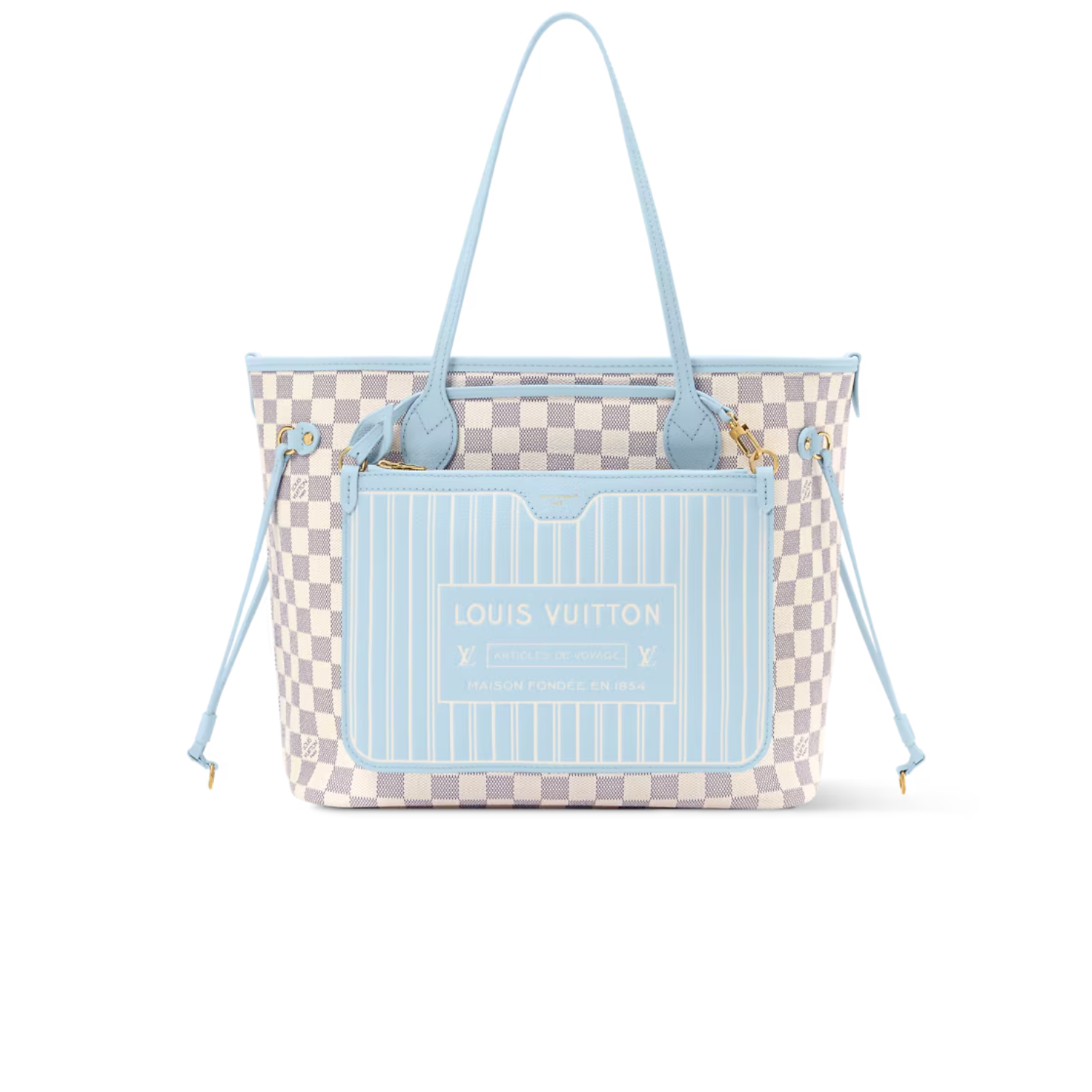 Louis Vuitton Neverfull Inside Out MM Tote Bag 18.5in/ 47cm Damier Azur Gold Hardware For Women N40946