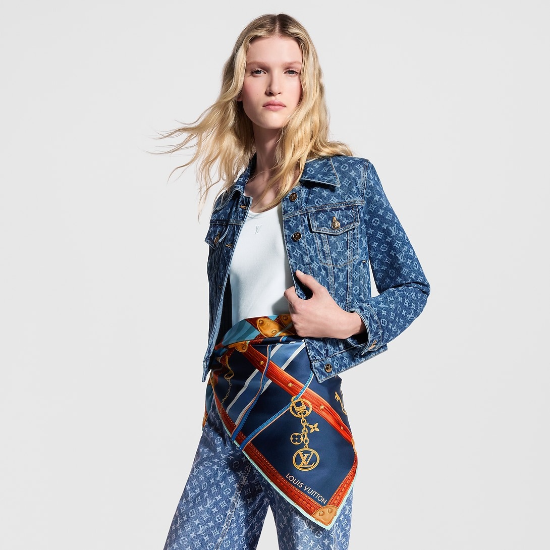 Louis Vuitton Strap And Trunk Square 90 Scarf Blue Denim For Women M98339