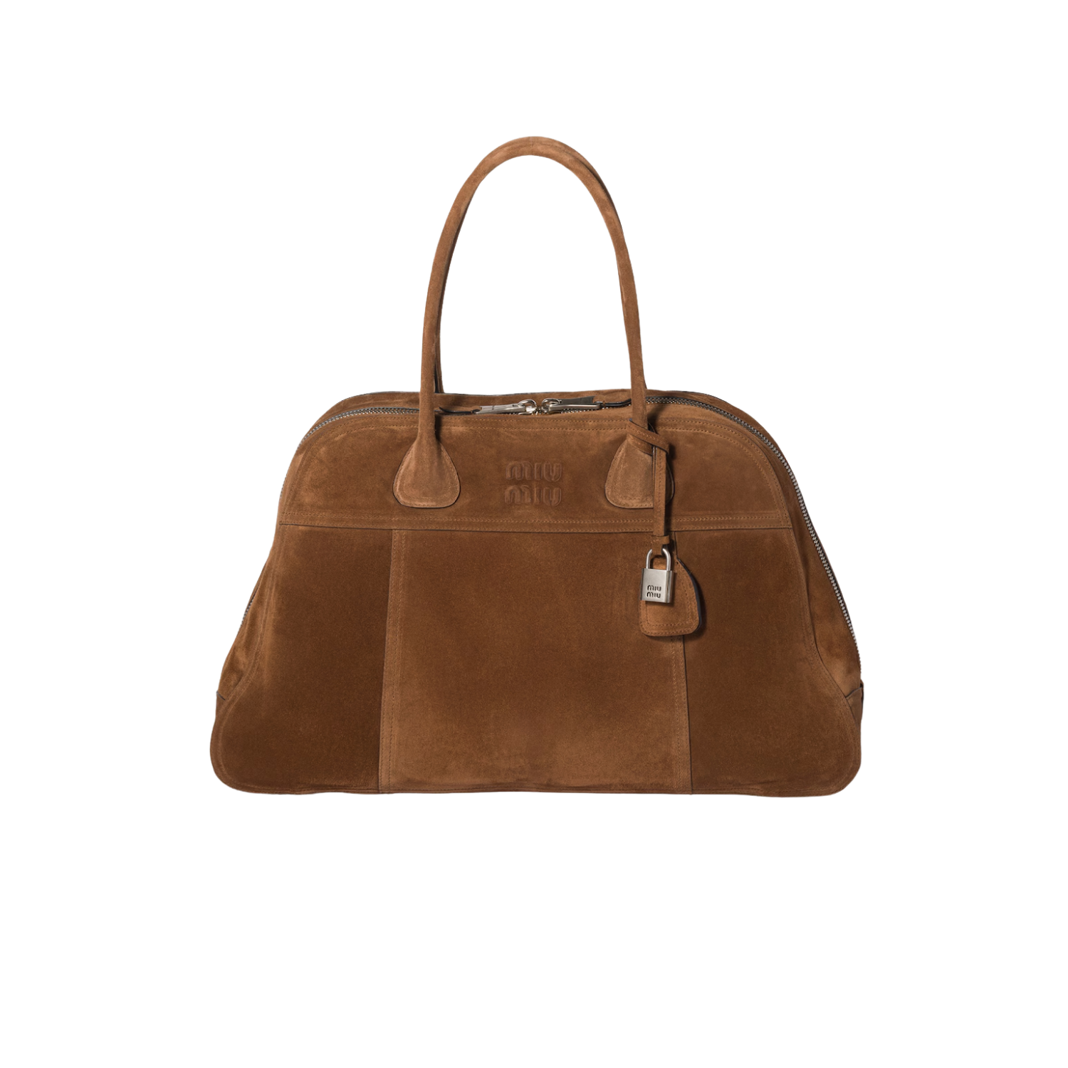 Miu Miu Bowling Top Handle Bag 19.6in/ 50cm Cocoa Brown Suede Silver Hardware 5BB195_2CSS_F0324_V_OOO