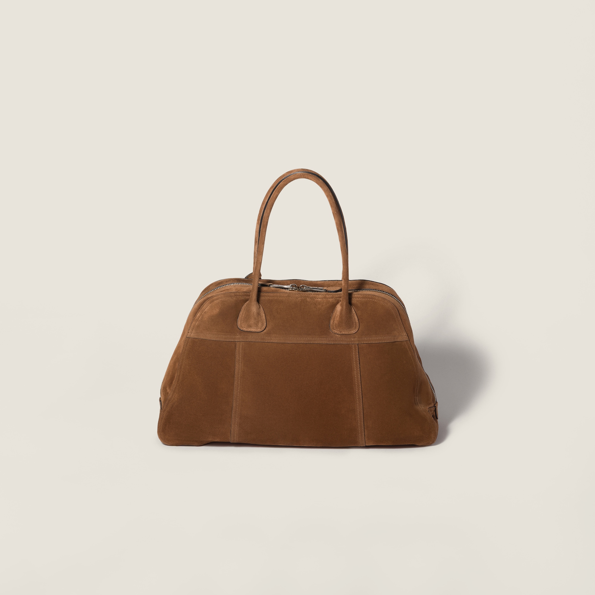 Miu Miu Bowling Top Handle Bag 19.6in/ 50cm Cocoa Brown Suede Silver Hardware 5BB195_2CSS_F0324_V_OOO