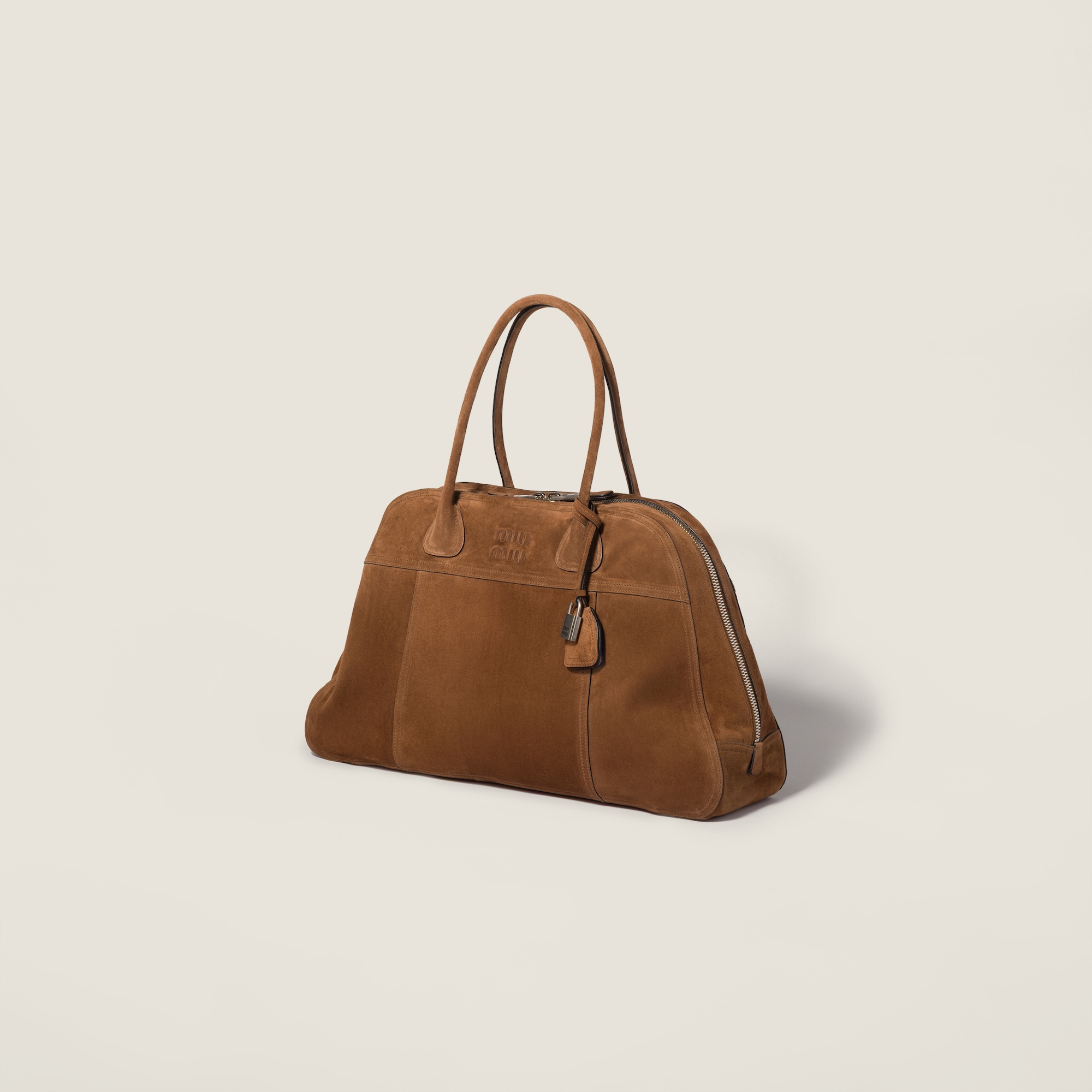 Miu Miu Bowling Top Handle Bag 19.6in/ 50cm Cocoa Brown Suede Silver Hardware 5BB195_2CSS_F0324_V_OOO