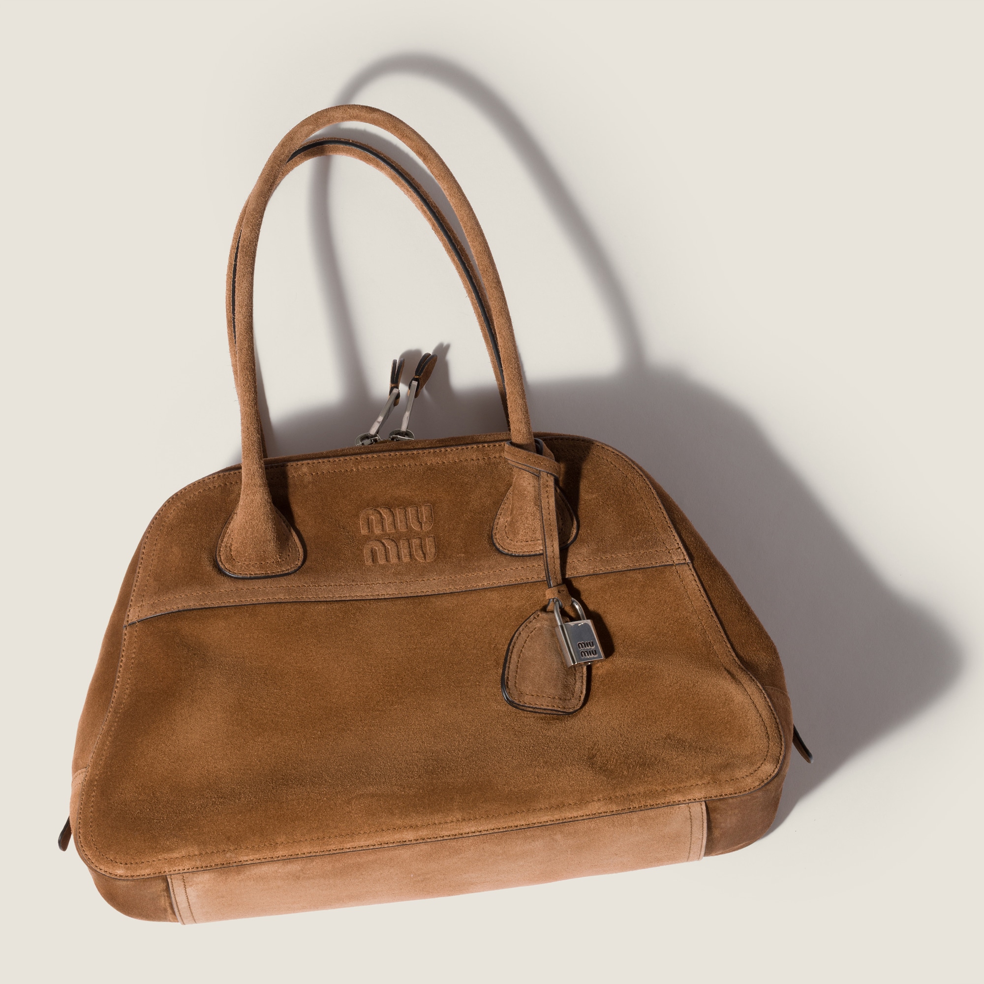 Miu Miu Vivant Top Handle Bag 15.7in/ 40cm Cocoa Brown Suede Silver Hardware 5BB196_2CSS_F0324_V_OOO