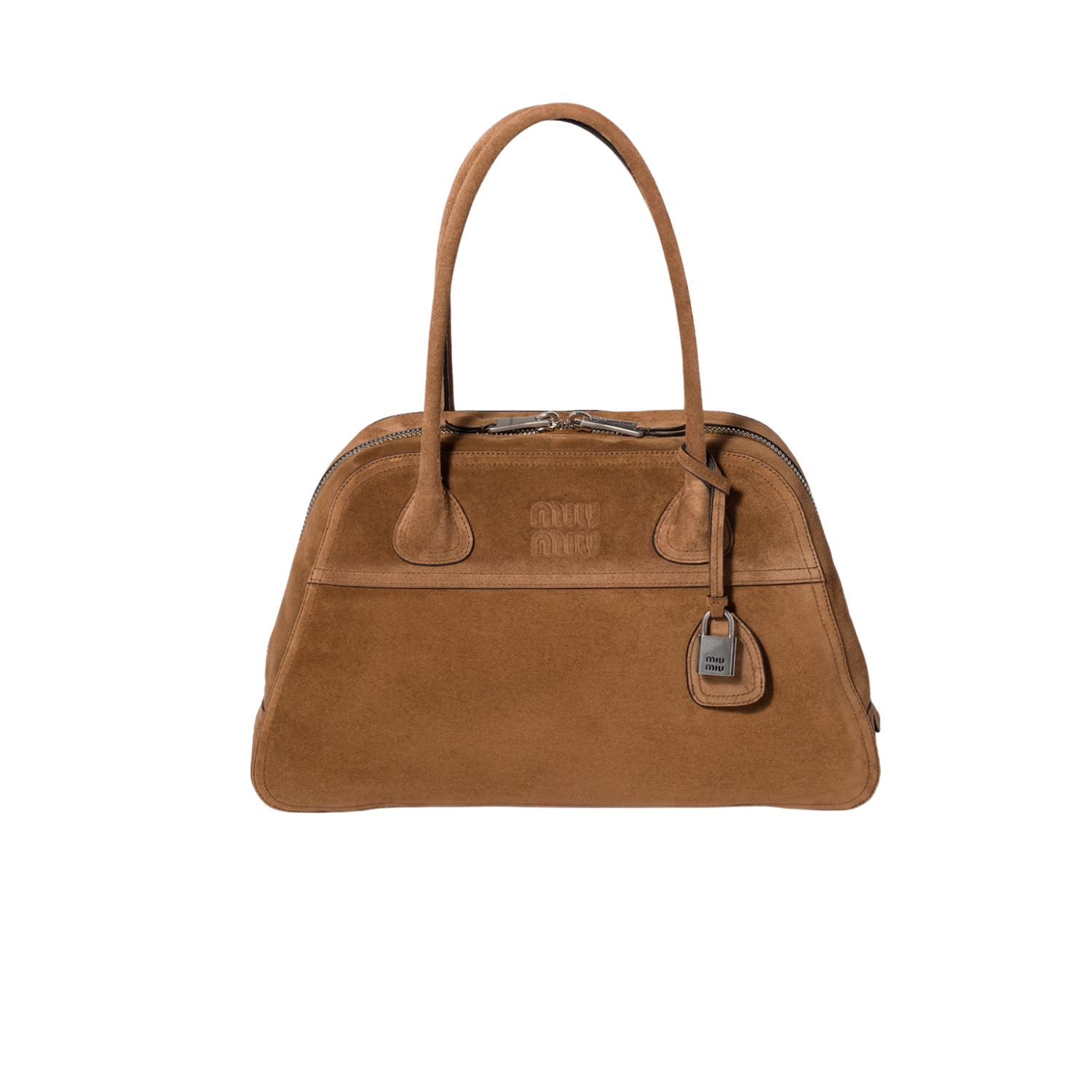 Miu Miu Vivant Top Handle Bag 15.7in/ 40cm Cocoa Brown Suede Silver Hardware 5BB196_2CSS_F0324_V_OOO