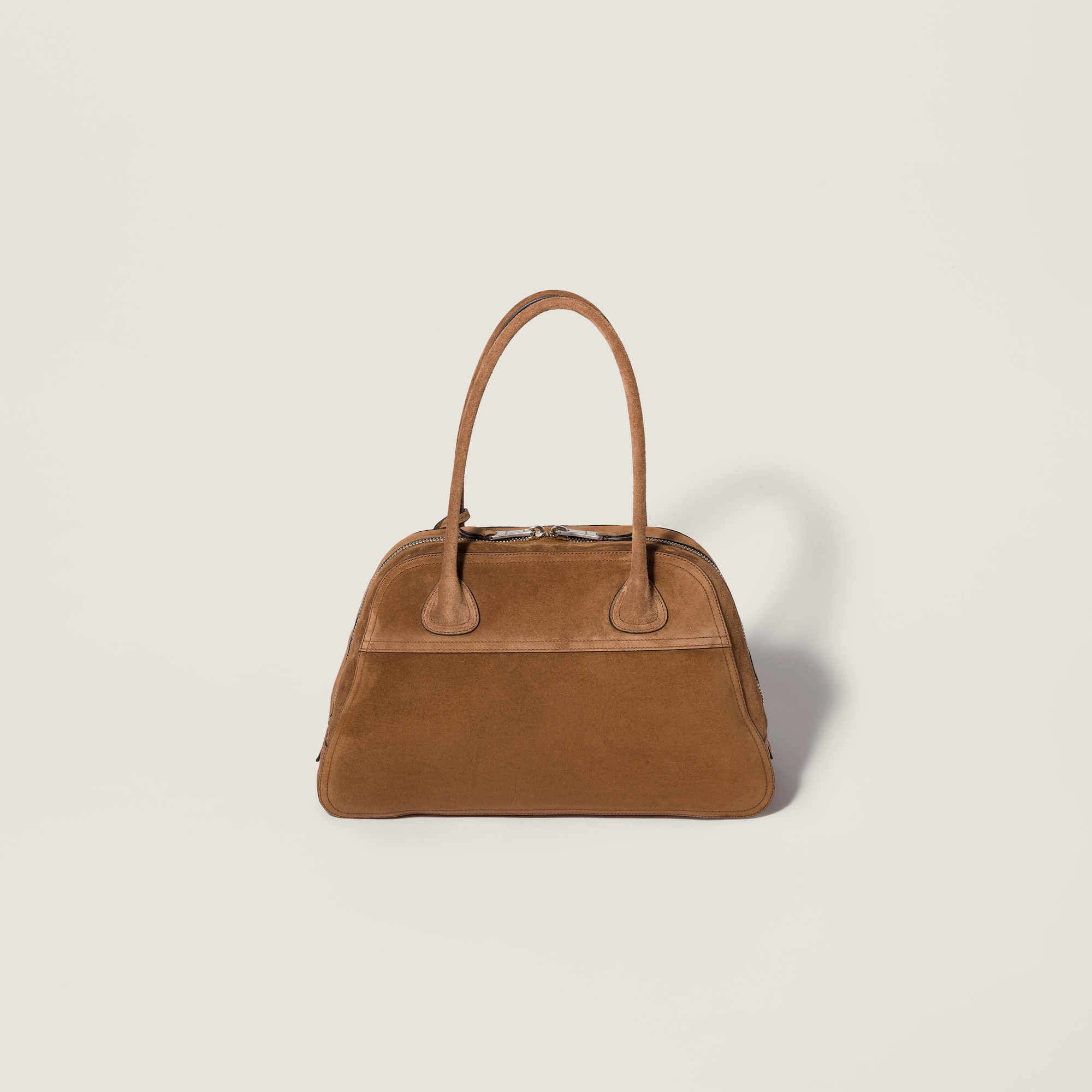 Miu Miu Vivant Top Handle Bag 15.7in/ 40cm Cocoa Brown Suede Silver Hardware 5BB196_2CSS_F0324_V_OOO