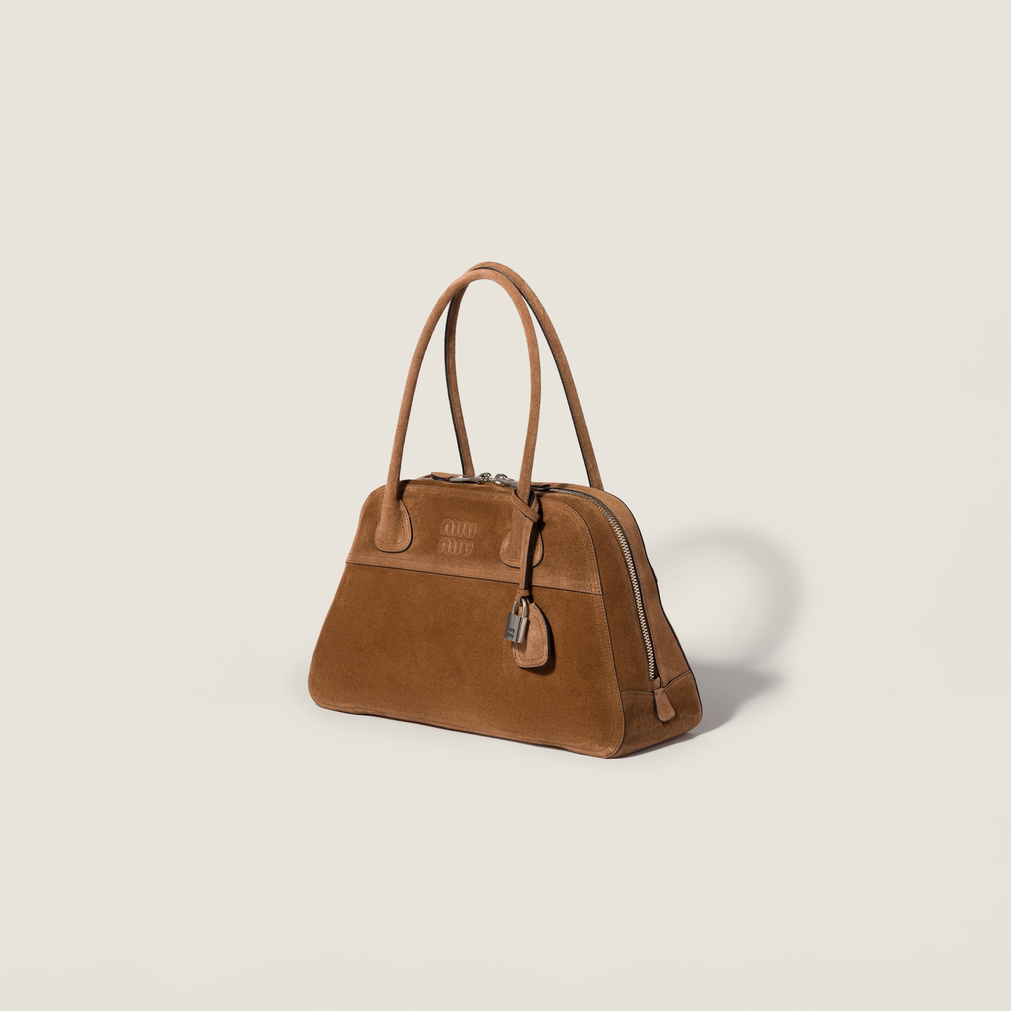 Miu Miu Vivant Top Handle Bag 15.7in/ 40cm Cocoa Brown Suede Silver Hardware 5BB196_2CSS_F0324_V_OOO