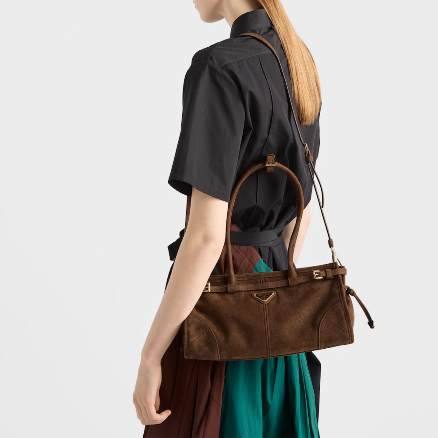 Prada Bonnie Medium Nubuck Shoulder Bag 12.6in/ 32cm Brown Gold Hardware For Women 1BA426_2GB8_F0324_V_MOM