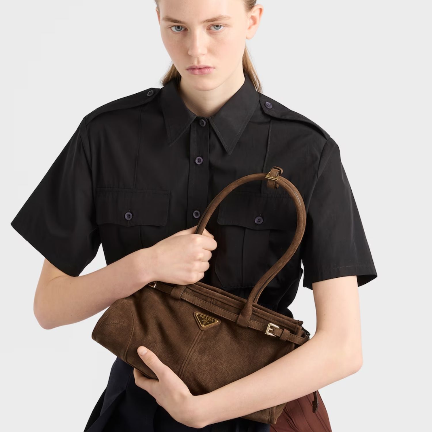 Prada Bonnie Medium Nubuck Shoulder Bag 12.6in/ 32cm Brown Gold Hardware For Women 1BA426_2GB8_F0324_V_MOM
