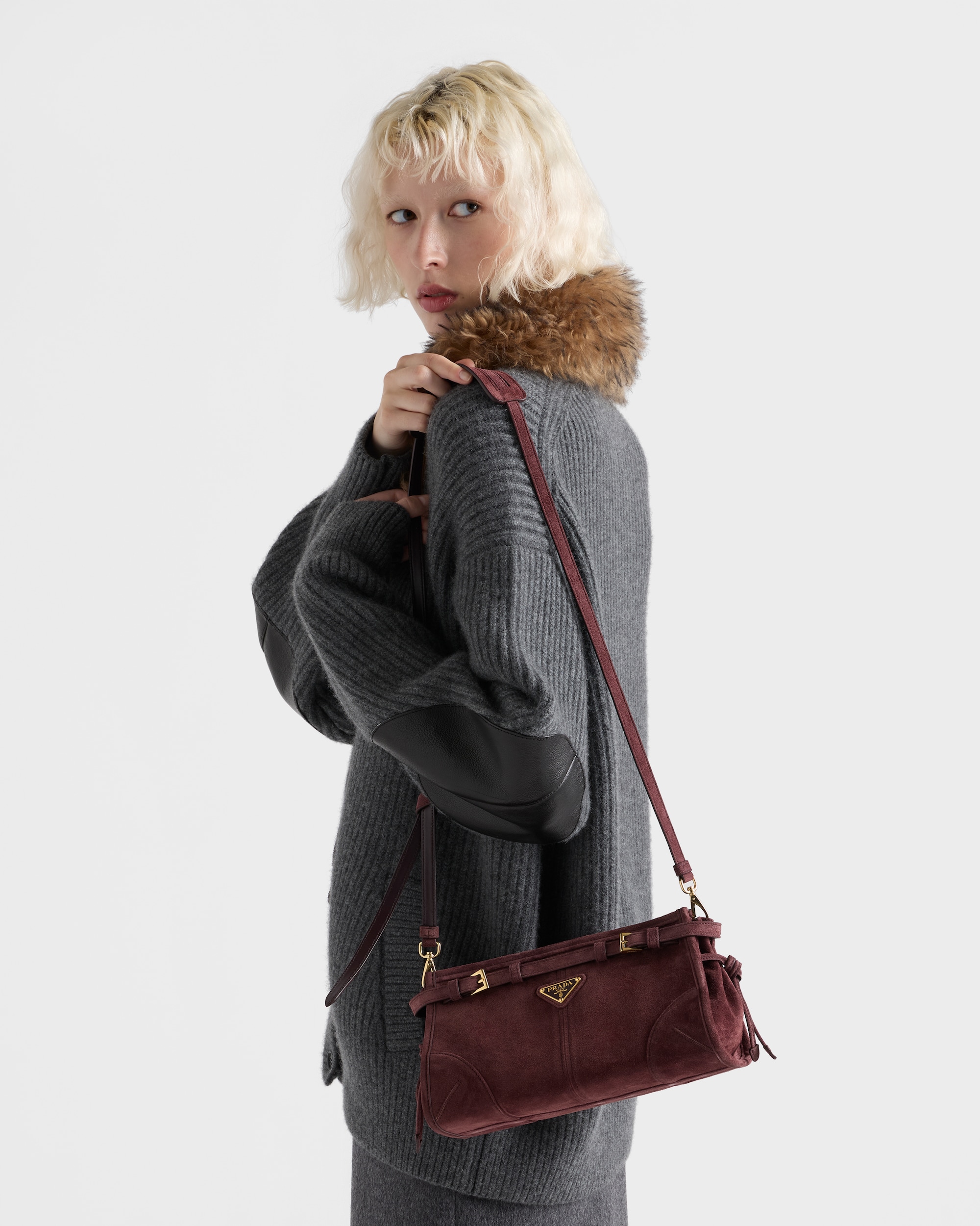 Prada Bonnie Small Shoulder Bag 10.2in/ 26cm Suede Burgundy Gold Hardware For Women 1BH215_2C4S_F0007_V_OOO