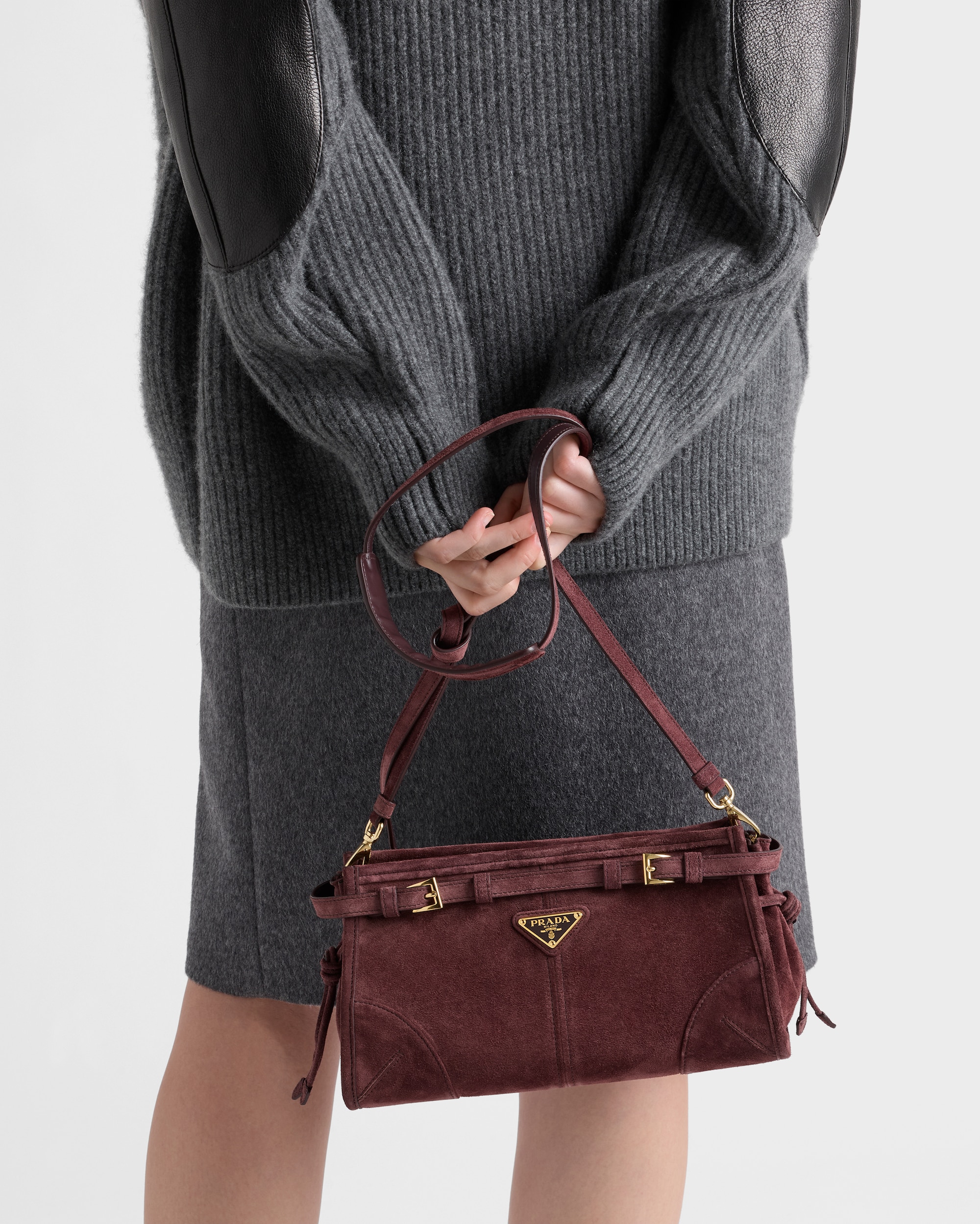 Prada Bonnie Small Shoulder Bag 10.2in/ 26cm Suede Burgundy Gold Hardware For Women 1BH215_2C4S_F0007_V_OOO