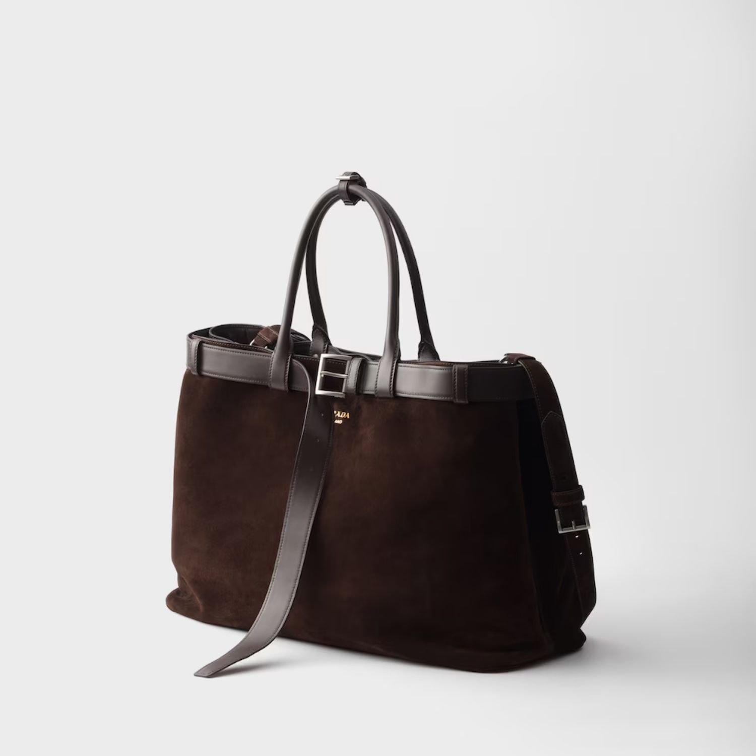 Prada Buckle With Belt Top Handle Bag 18.9in/ 48cm Dark Brown Suede Silver Hardware For Men 2VG126_2C4S_F0003_V_OJO