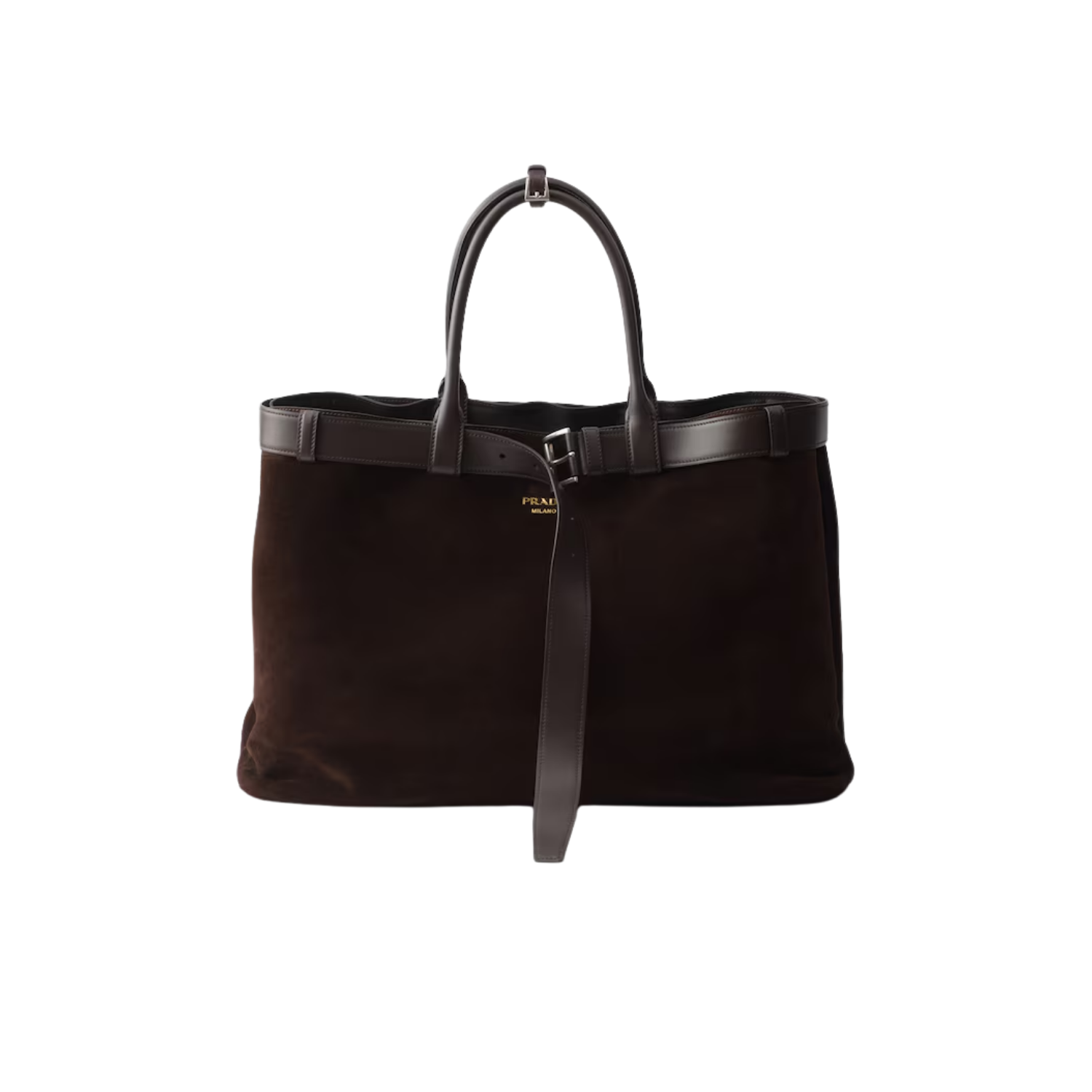 Prada Buckle With Belt Top Handle Bag 18.9in/ 48cm Dark Brown Suede Silver Hardware For Men 2VG126_2C4S_F0003_V_OJO