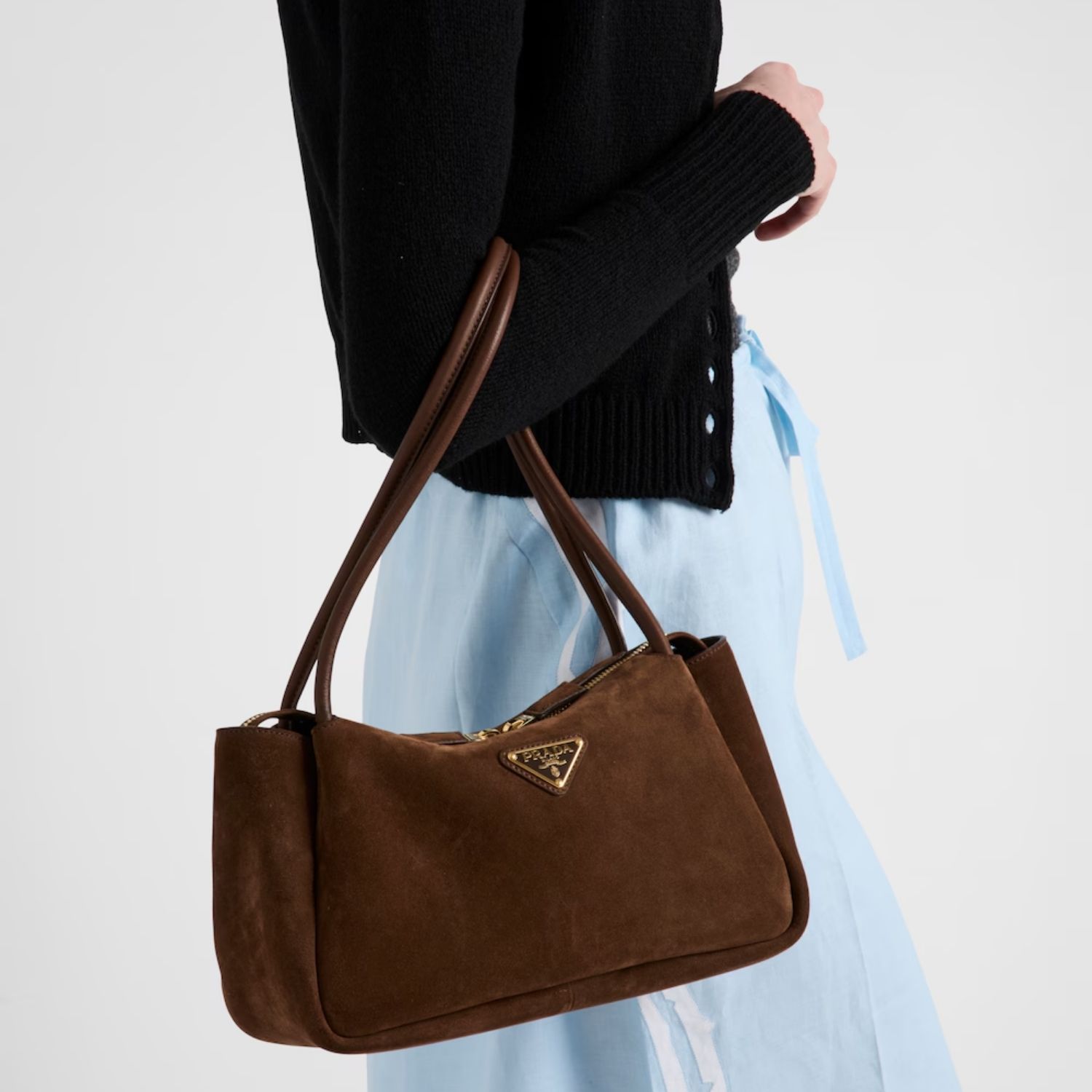 Prada Darling Medium Shoulder Bag 11in/ 28cm Cocoa Brown Suede Gold Hardware For Women 1BA444_2C4S_F0324_V_OVX