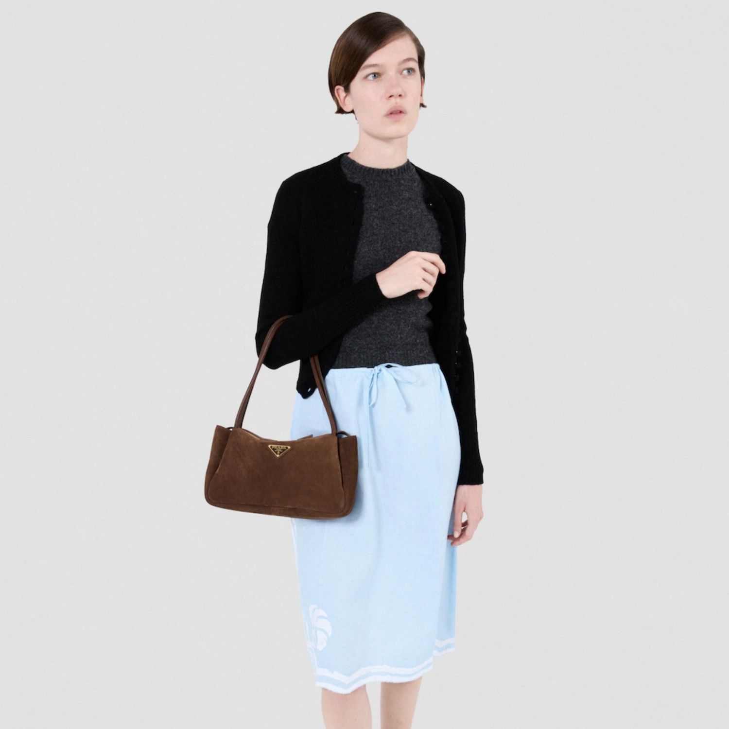 Prada Darling Medium Shoulder Bag 11in/ 28cm Cocoa Brown Suede Gold Hardware For Women 1BA444_2C4S_F0324_V_OVX