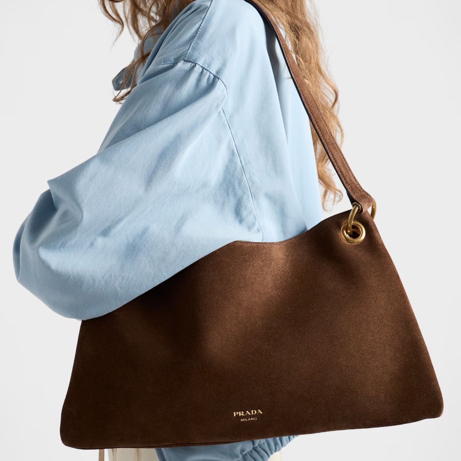 Prada Etude Large Shoulder Bag 15.9in/ 40.5cm Cocoa Brown Suede Gold Hardware For Men 1BC259_2C4S_F0324_V_OOO
