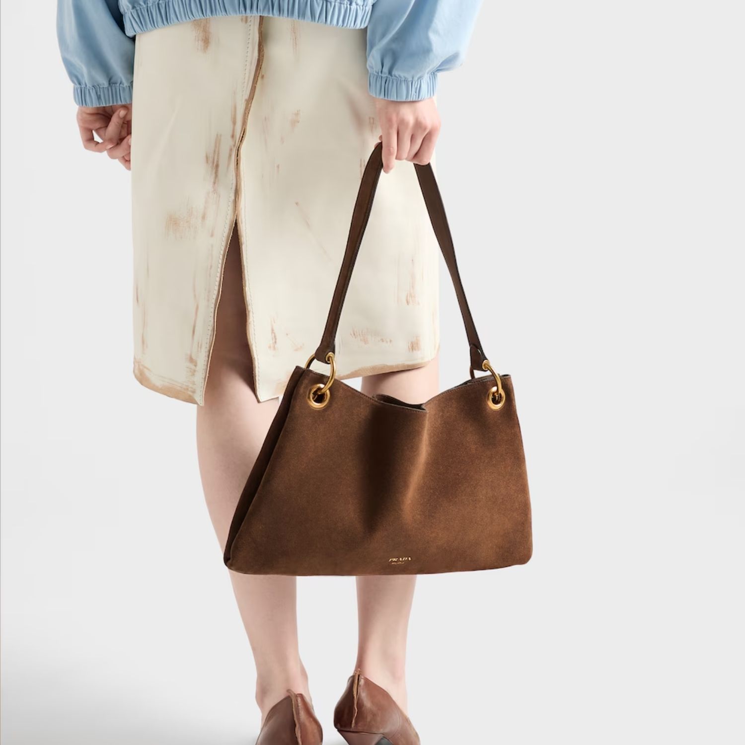Prada Etude Large Shoulder Bag 15.9in/ 40.5cm Cocoa Brown Suede Gold Hardware For Men 1BC259_2C4S_F0324_V_OOO