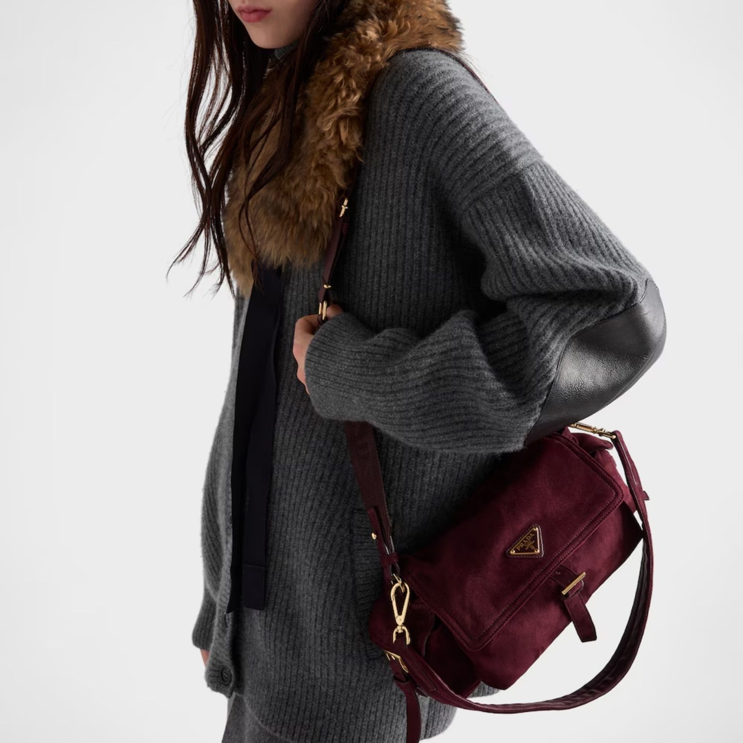 Prada Explore Medium With Flap Shoulder Bag 11.8in/ 30cm Burgundy Suede Gold Hardware For Women 1BD394_008_F0007_V_NOO