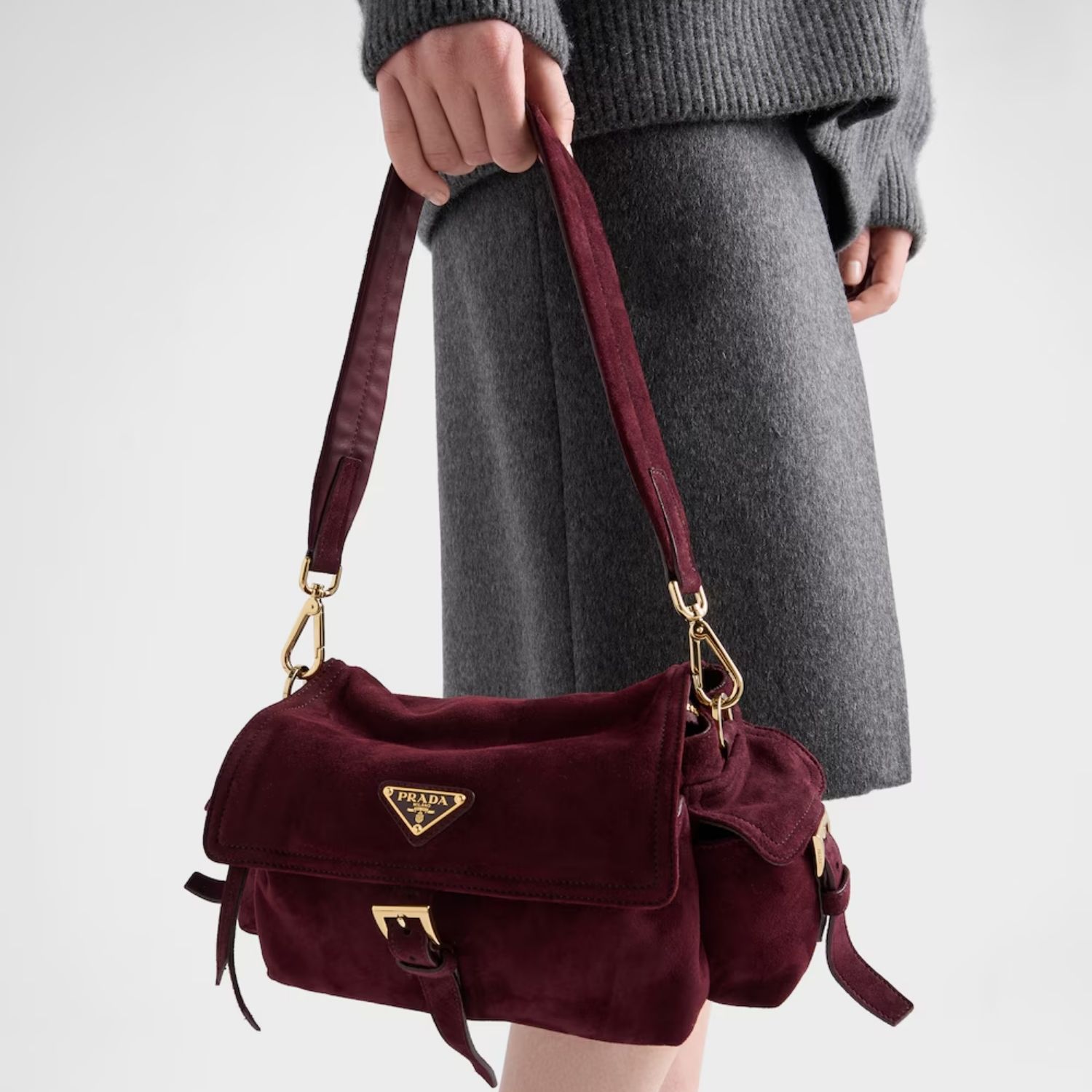 Prada Explore Medium With Flap Shoulder Bag 11.8in/ 30cm Burgundy Suede Gold Hardware For Women 1BD394_008_F0007_V_NOO