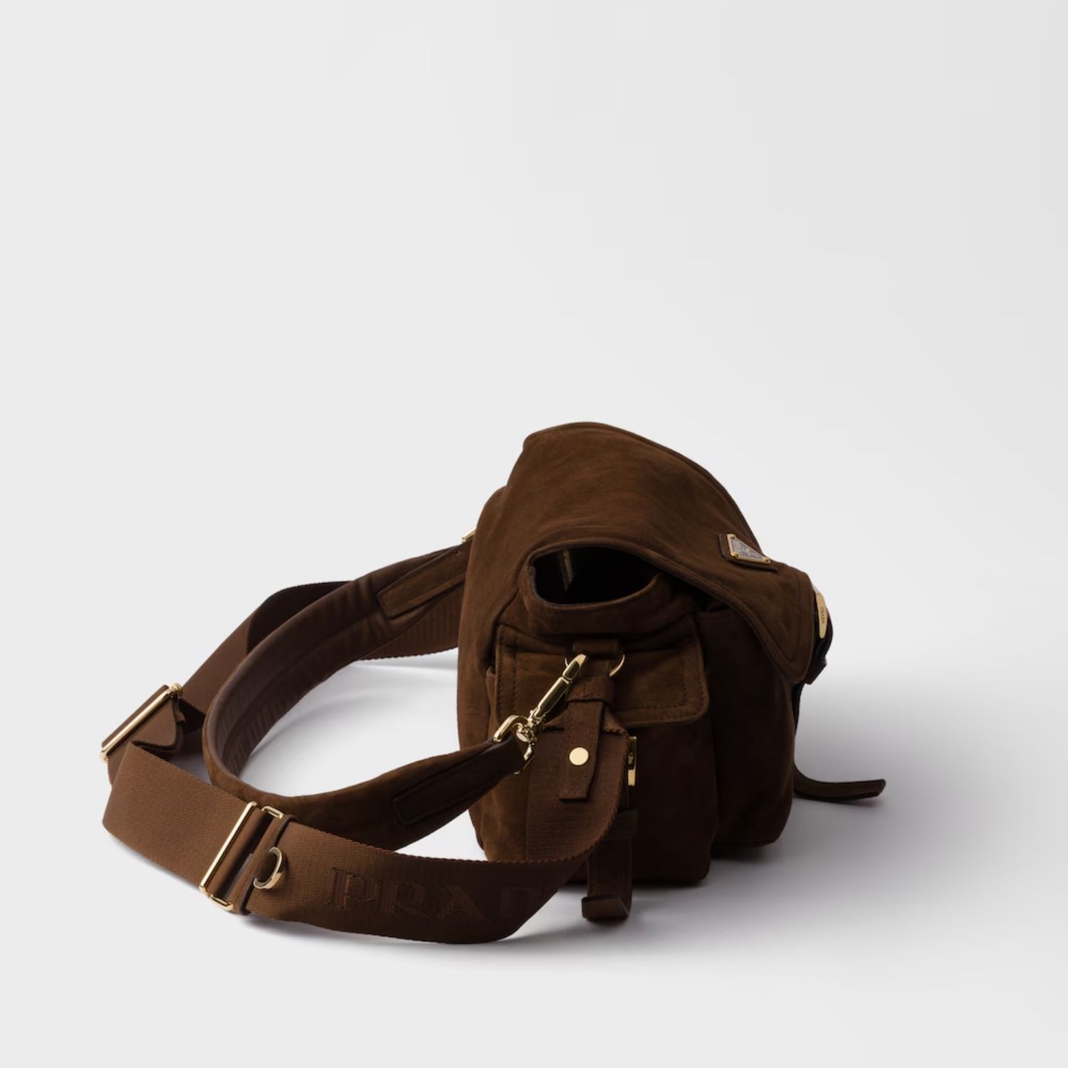 Prada Explore Medium With Flap Shoulder Bag 11.8in/ 30cm Cocoa Brown Suede Gold Hardware For Women 1BD394_008_F0324_V_NOO