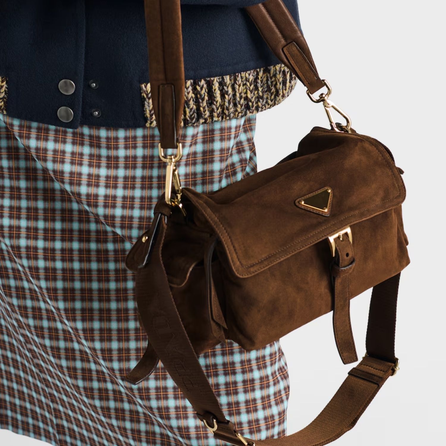 Prada Explore Medium With Flap Shoulder Bag 11.8in/ 30cm Cocoa Brown Suede Gold Hardware For Women 1BD394_008_F0324_V_NOO