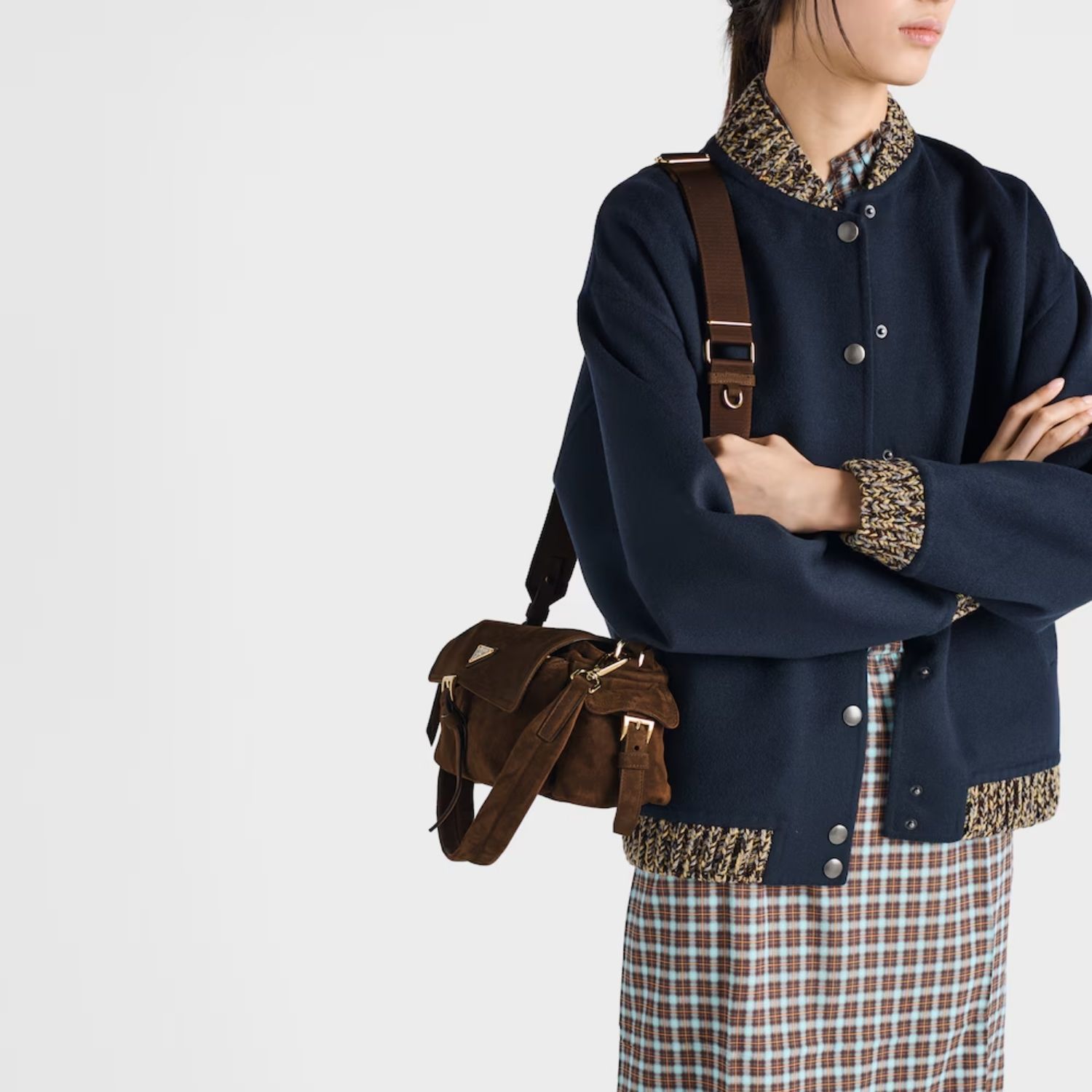 Prada Explore Medium With Flap Shoulder Bag 11.8in/ 30cm Cocoa Brown Suede Gold Hardware For Women 1BD394_008_F0324_V_NOO
