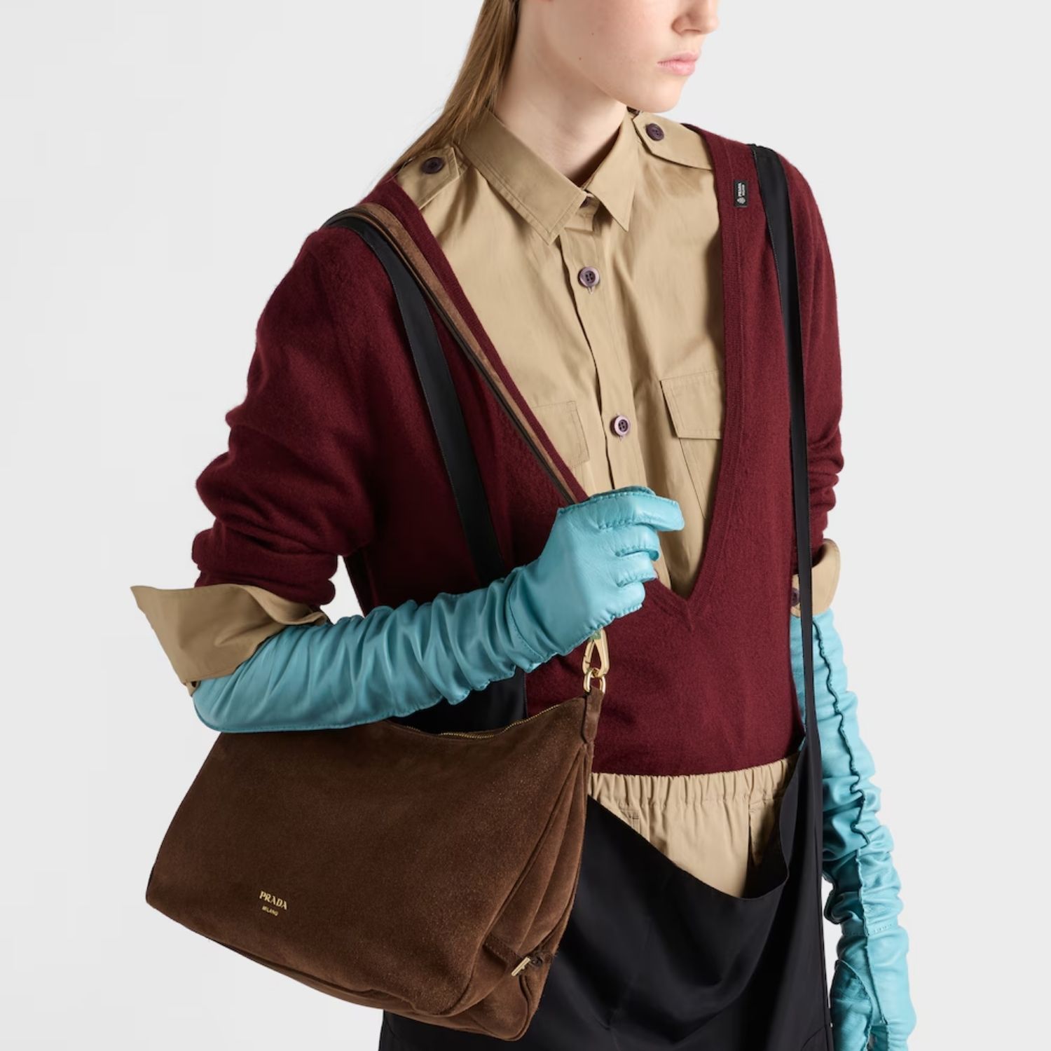 Prada Fold Large Shoulder Bag 13in/ 33cm Cocoa Brown Suede Gold Hardware For Women 1BC288_2C4S_F0324_V_OOO