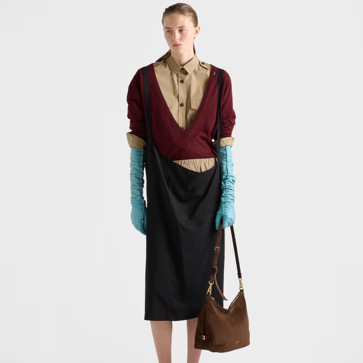 Prada Fold Large Shoulder Bag 13in/ 33cm Cocoa Brown Suede Gold Hardware For Women 1BC288_2C4S_F0324_V_OOO