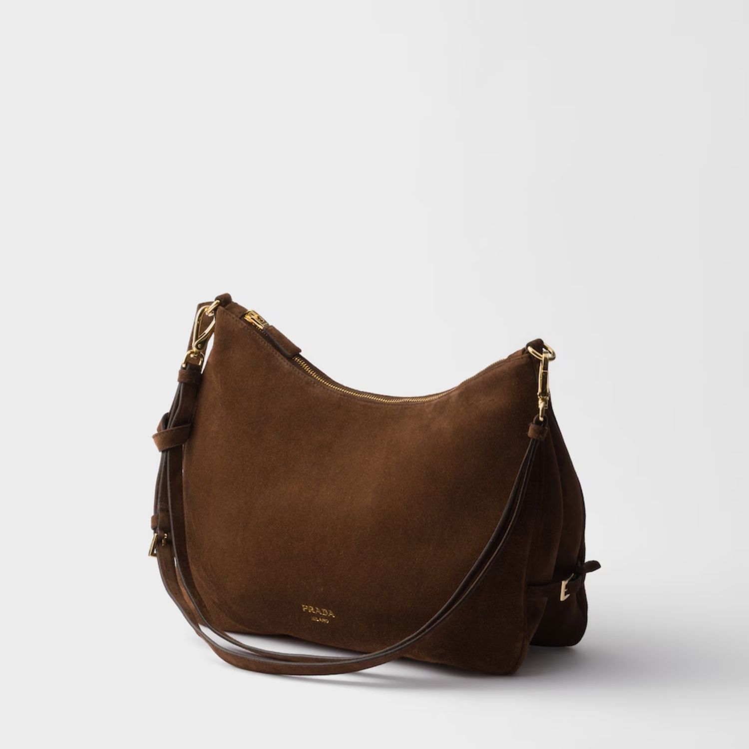 Prada Fold Large Shoulder Bag 13in/ 33cm Cocoa Brown Suede Gold Hardware For Women 1BC288_2C4S_F0324_V_OOO